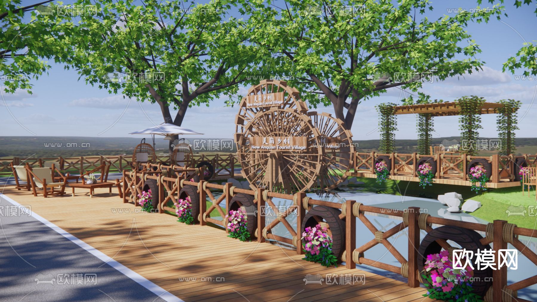 现代村庄入口景观su模型下载（渲染图2）