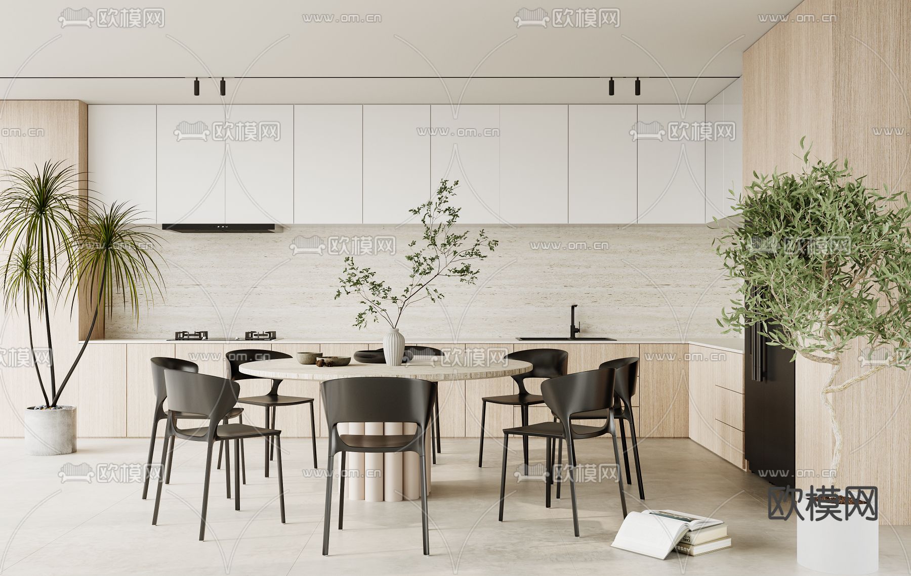 侘寂实木餐桌椅3d模型下载（渲染图1）