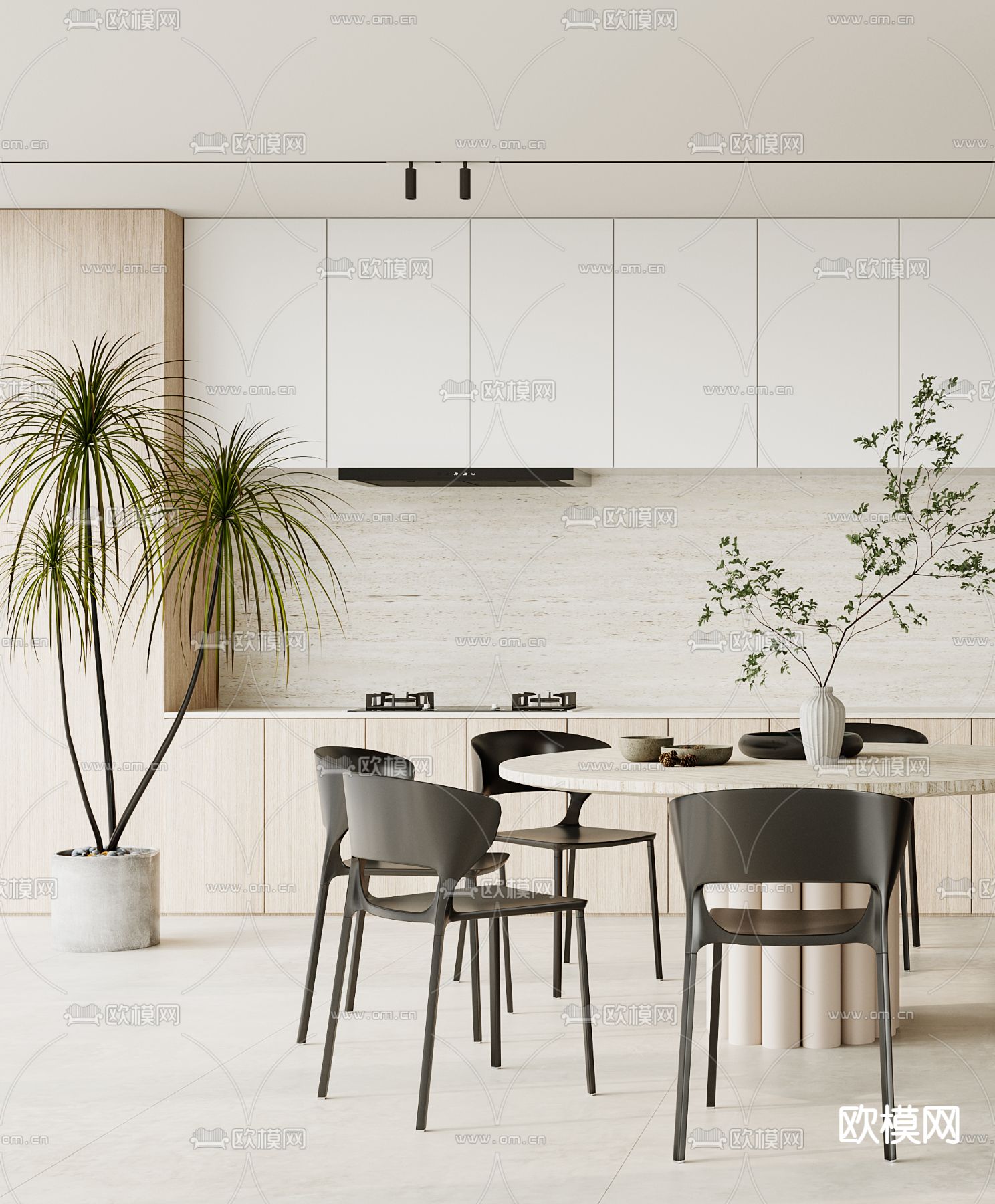 侘寂实木餐桌椅3d模型下载（渲染图2）