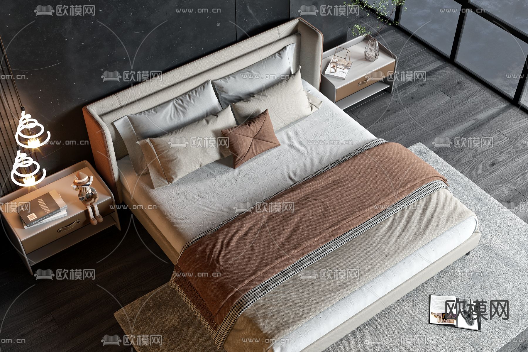现代皮革双人床3d模型下载（渲染图3）
