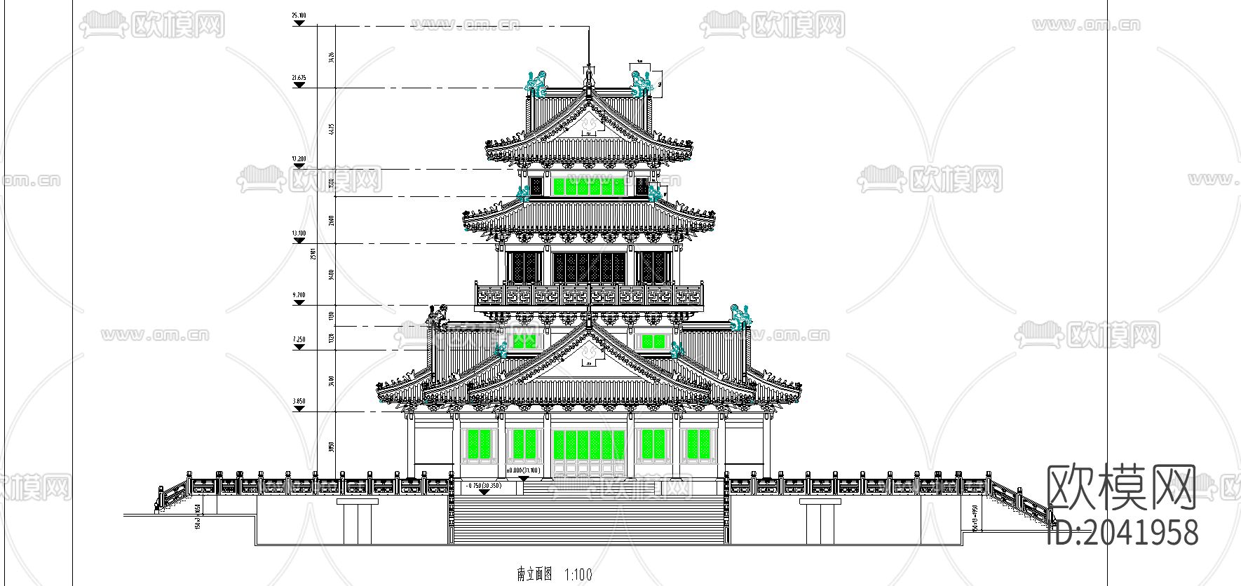 望海楼cad施工图下载（渲染图2）