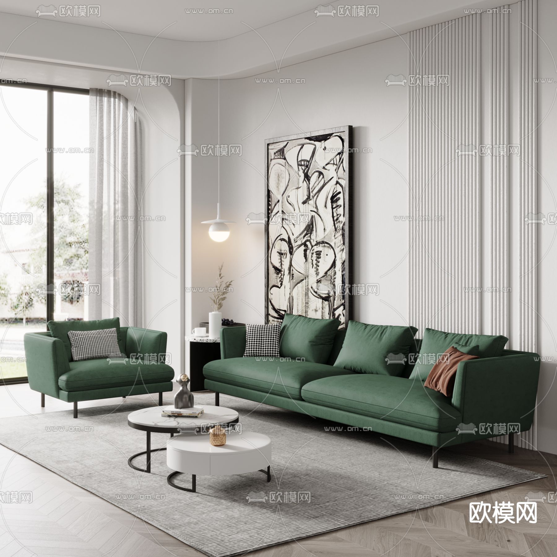 北欧布艺沙发组合3d模型下载（渲染图1）