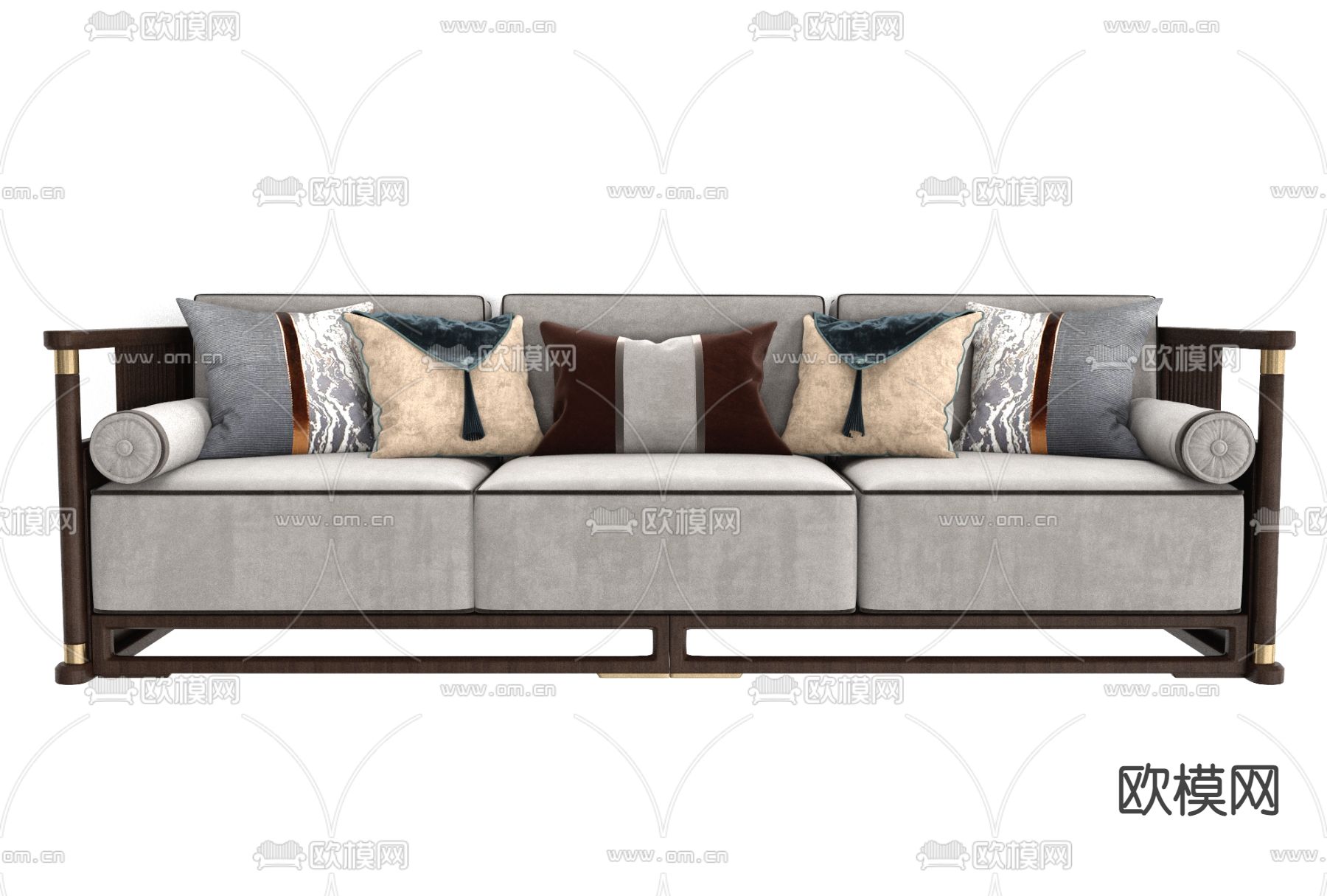 新中式布艺多人沙发 三人沙发免费3d模型下载