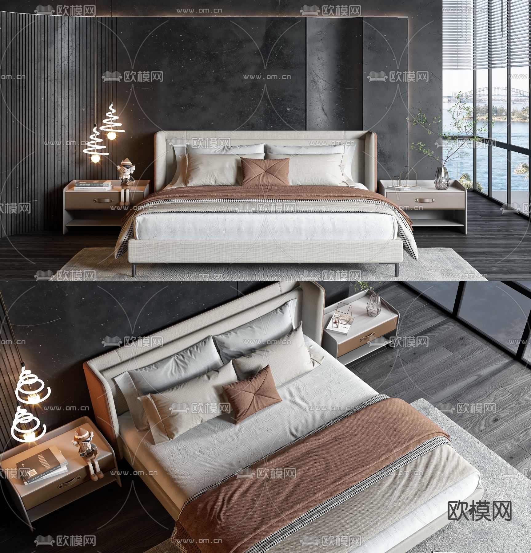 现代皮革双人床3d模型下载（渲染图1）