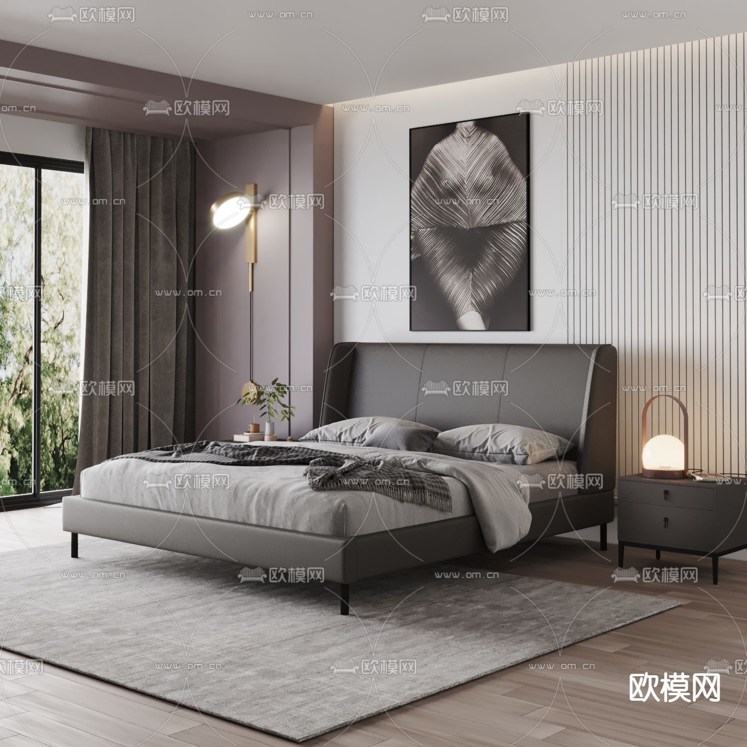 现代皮革双人床3d模型下载（渲染图1）