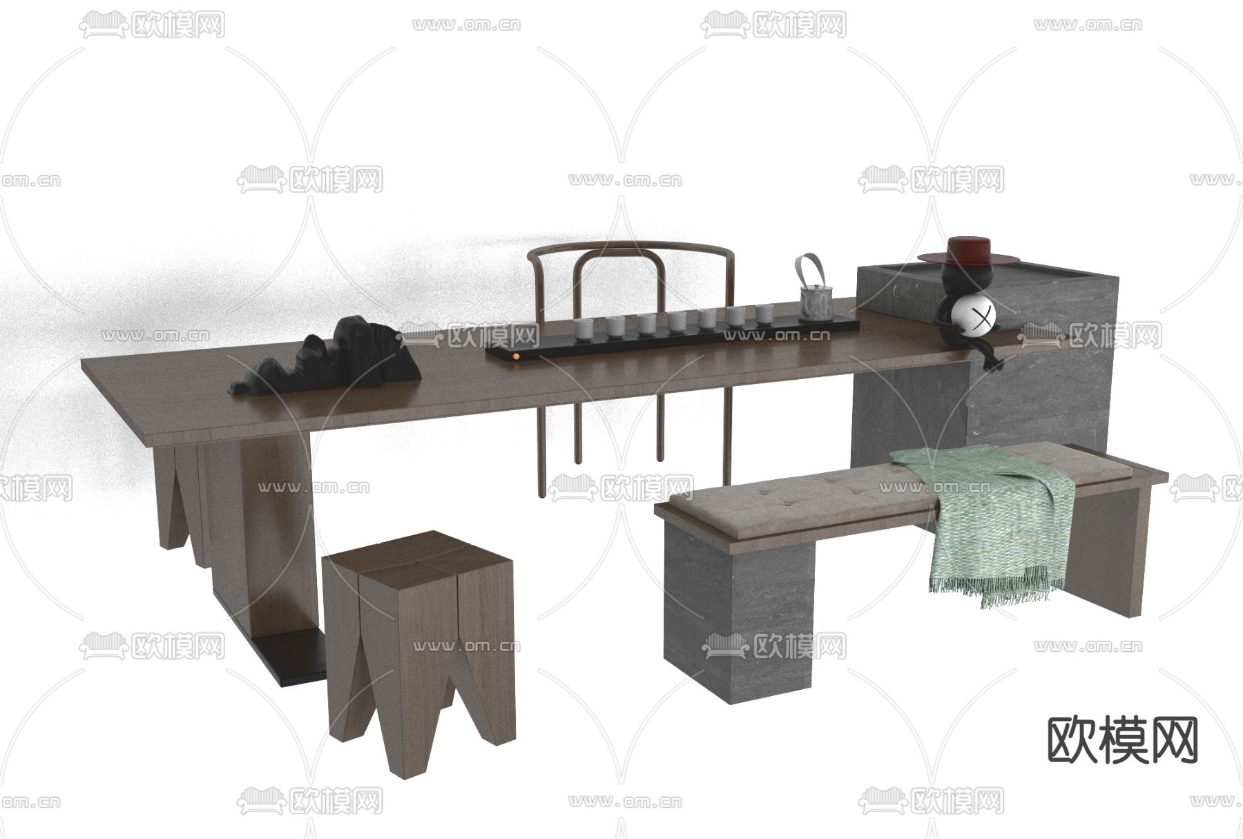 新中式实木茶桌椅免费3d模型下载