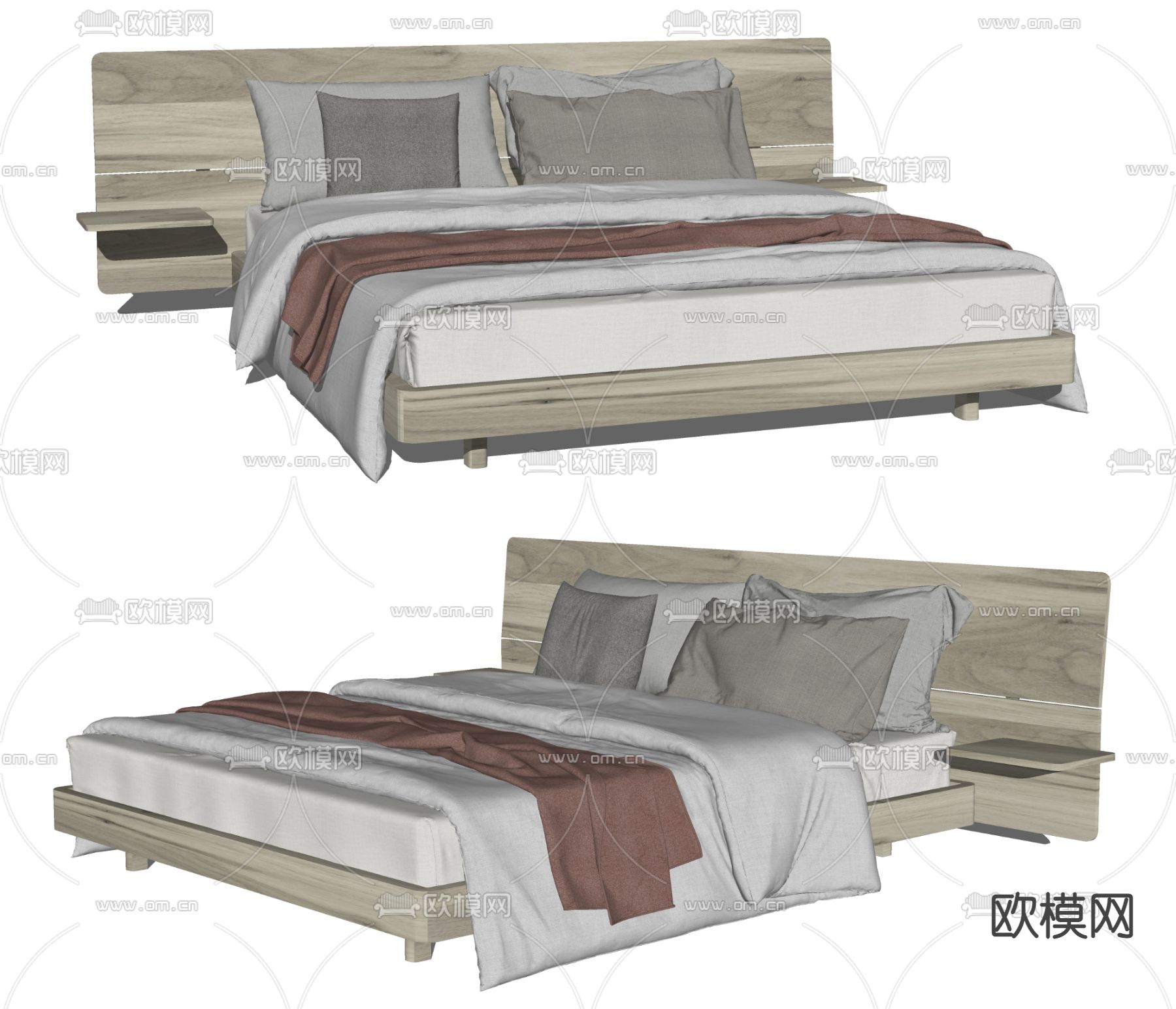 侘寂原木双人床su模型下载（渲染图2）