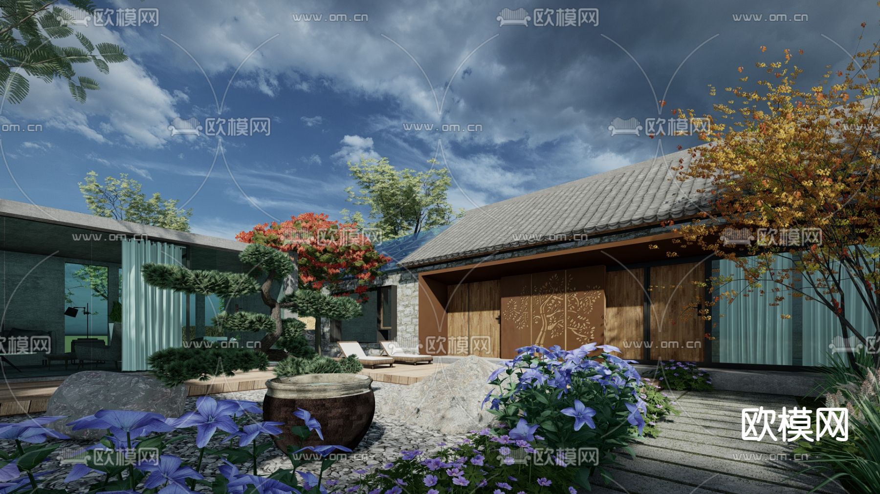 中式乡村庭院su模型下载（渲染图1）