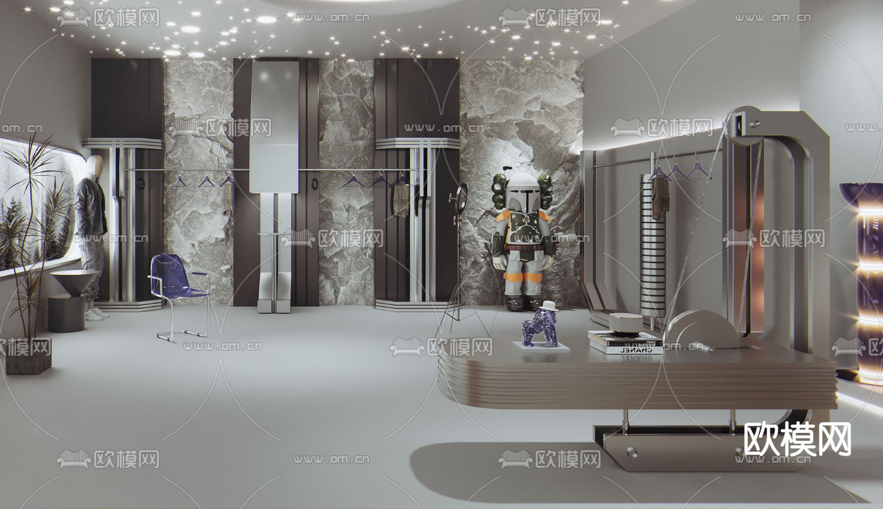 现代潮牌男装服装店直播间3d模型下载（渲染图2）