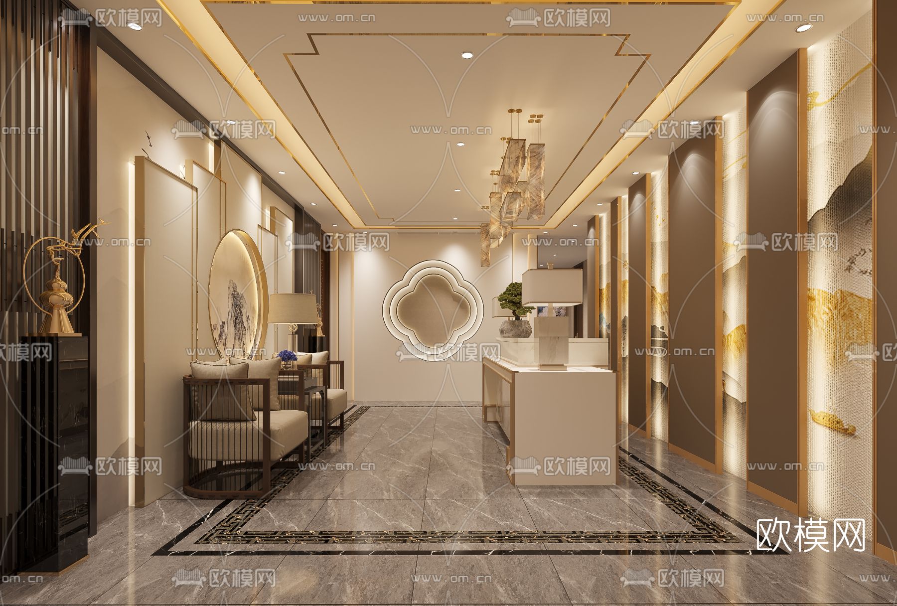 新中式办公前台大厅免费3d模型下载