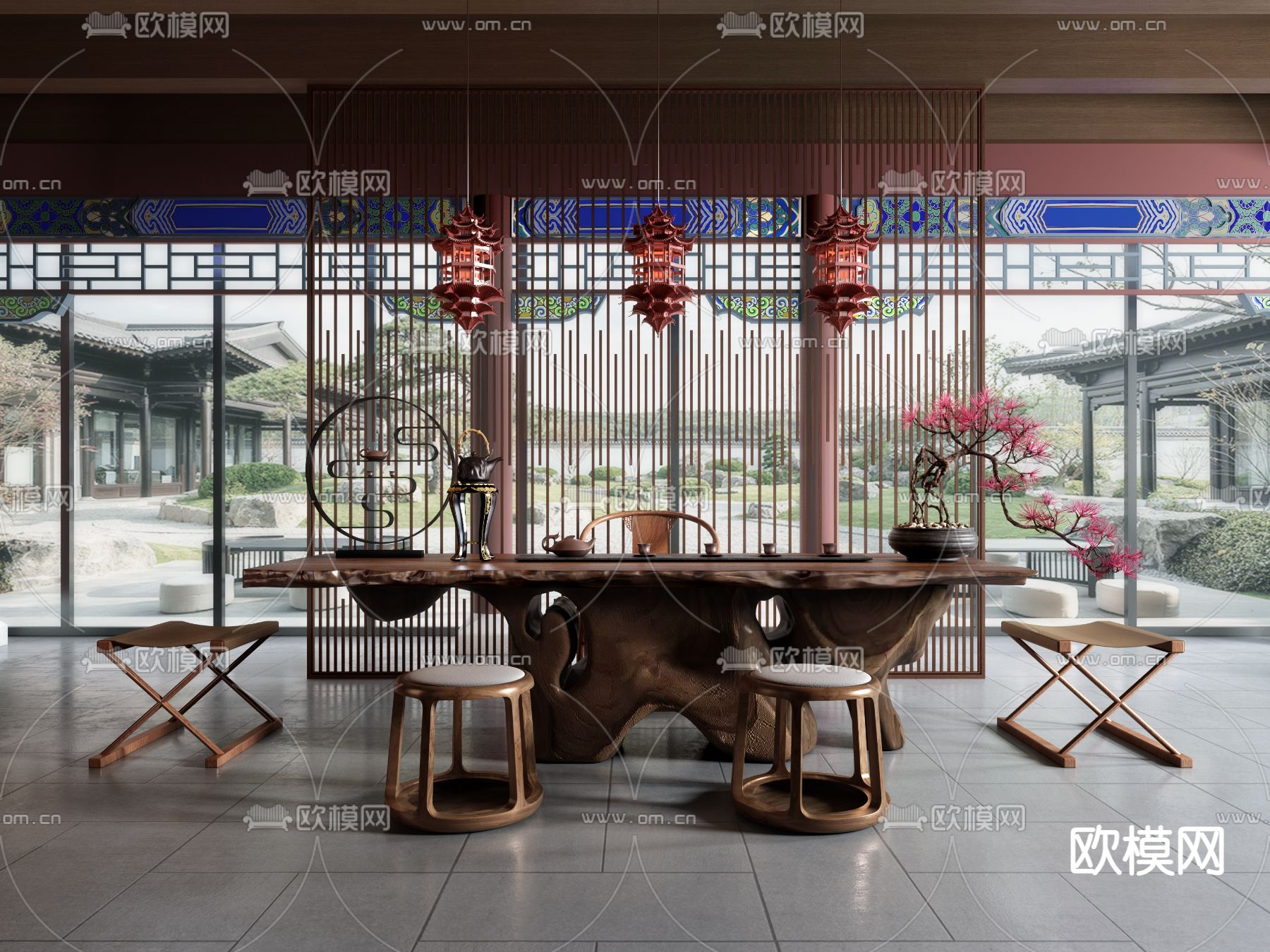 新中式实木茶桌椅3d模型下载