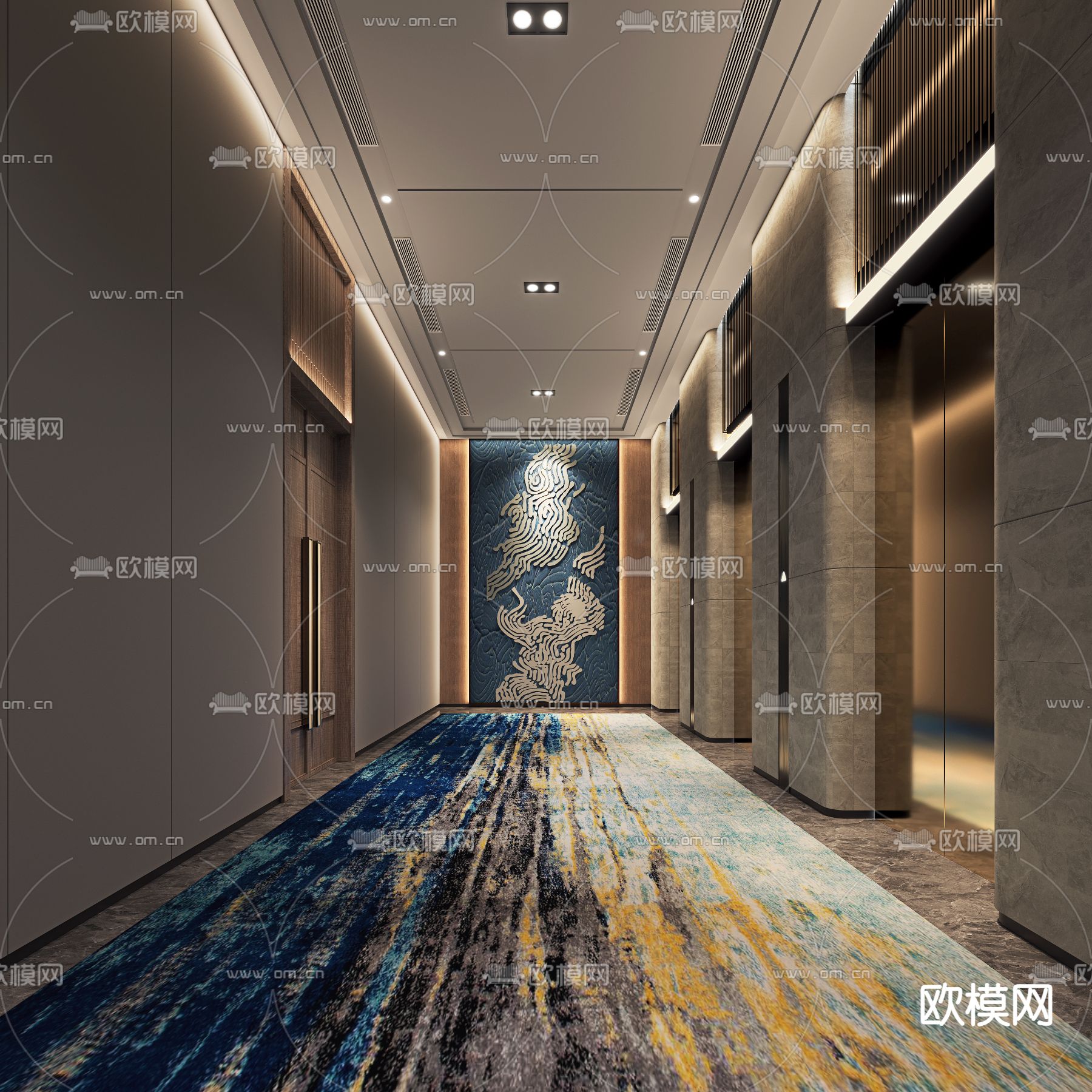 新中式酒店电梯厅3d模型下载