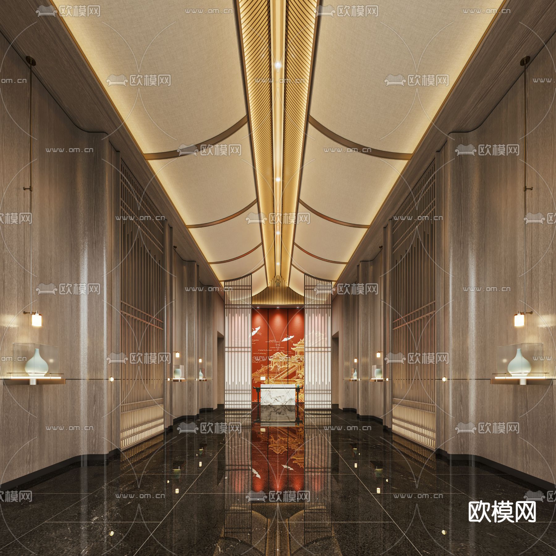 新中式酒店过道3d模型下载