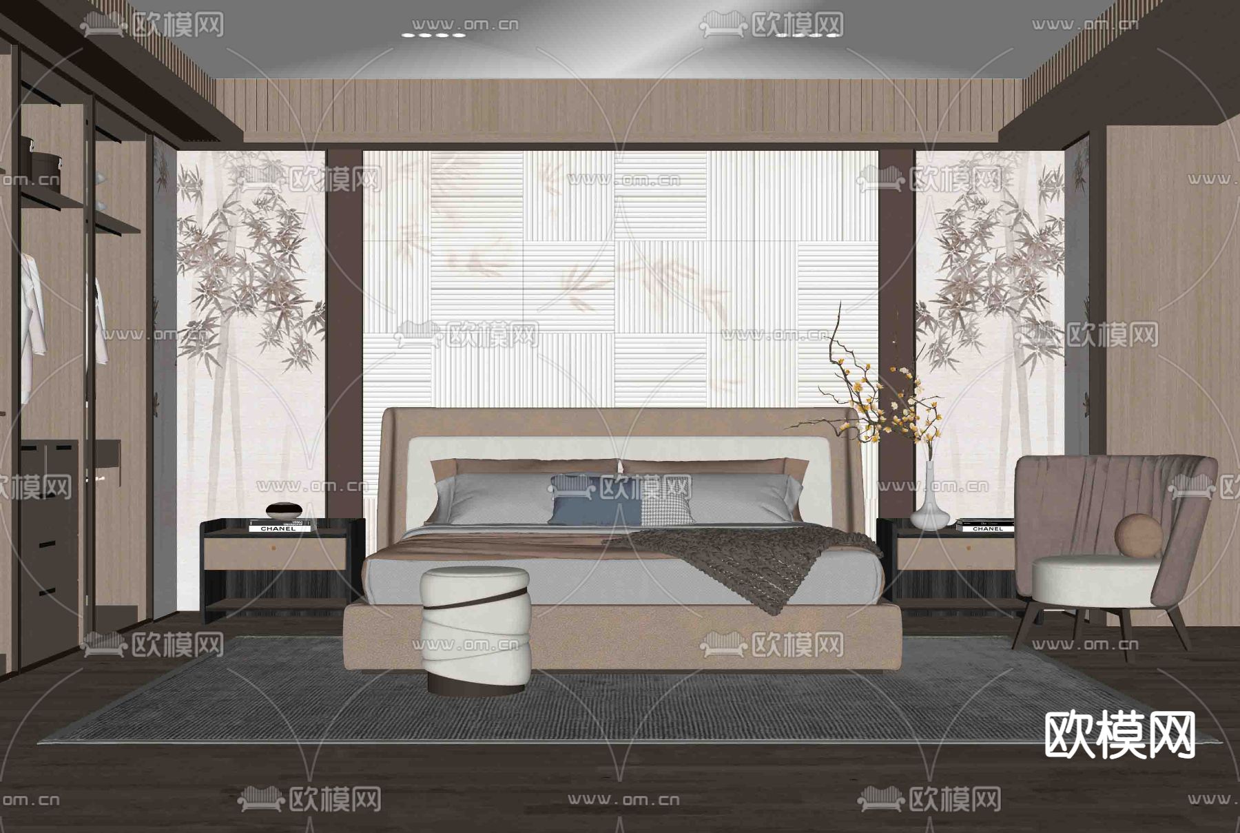 新中式卧室su模型下载（渲染图2）