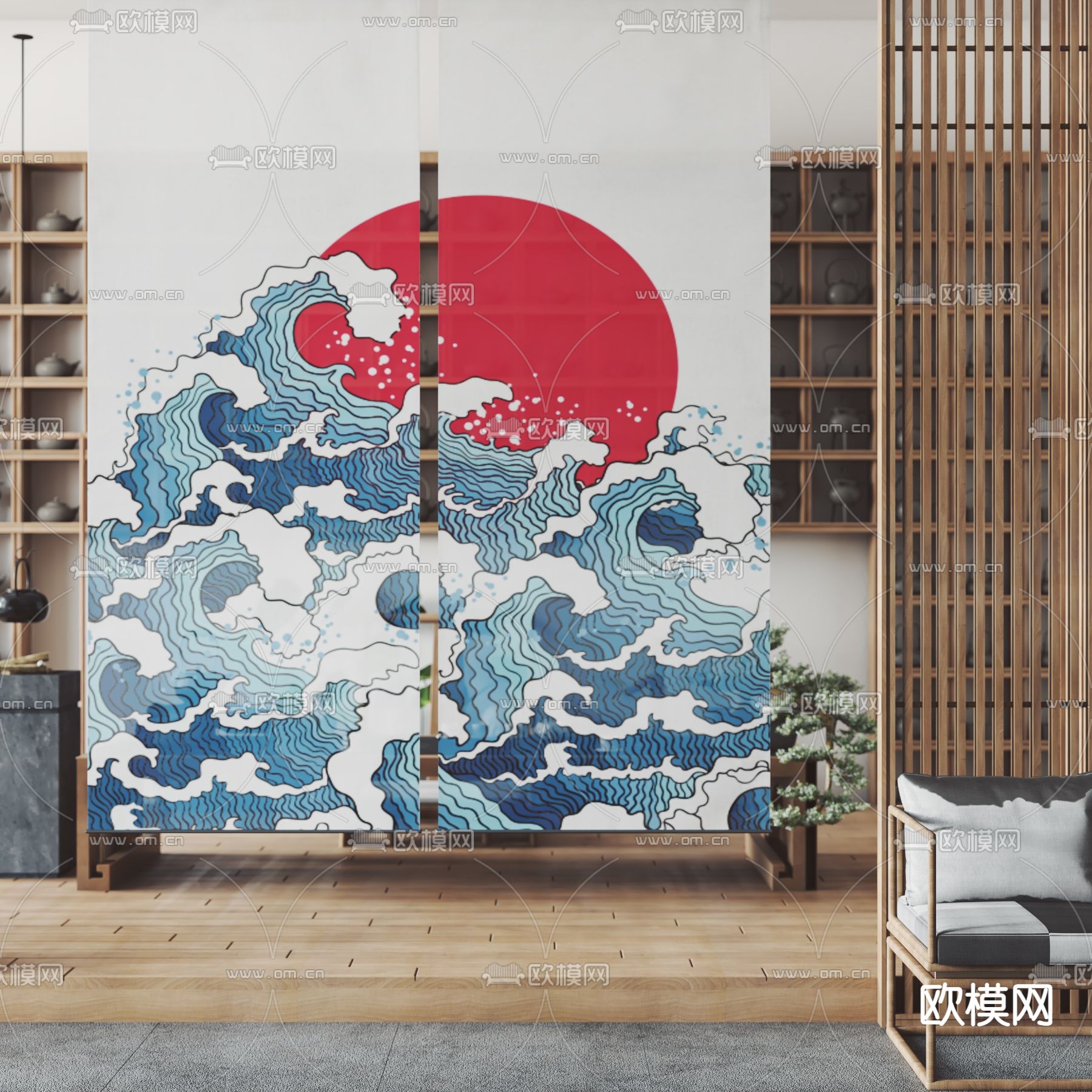 新中式纱帘卷帘3d模型下载