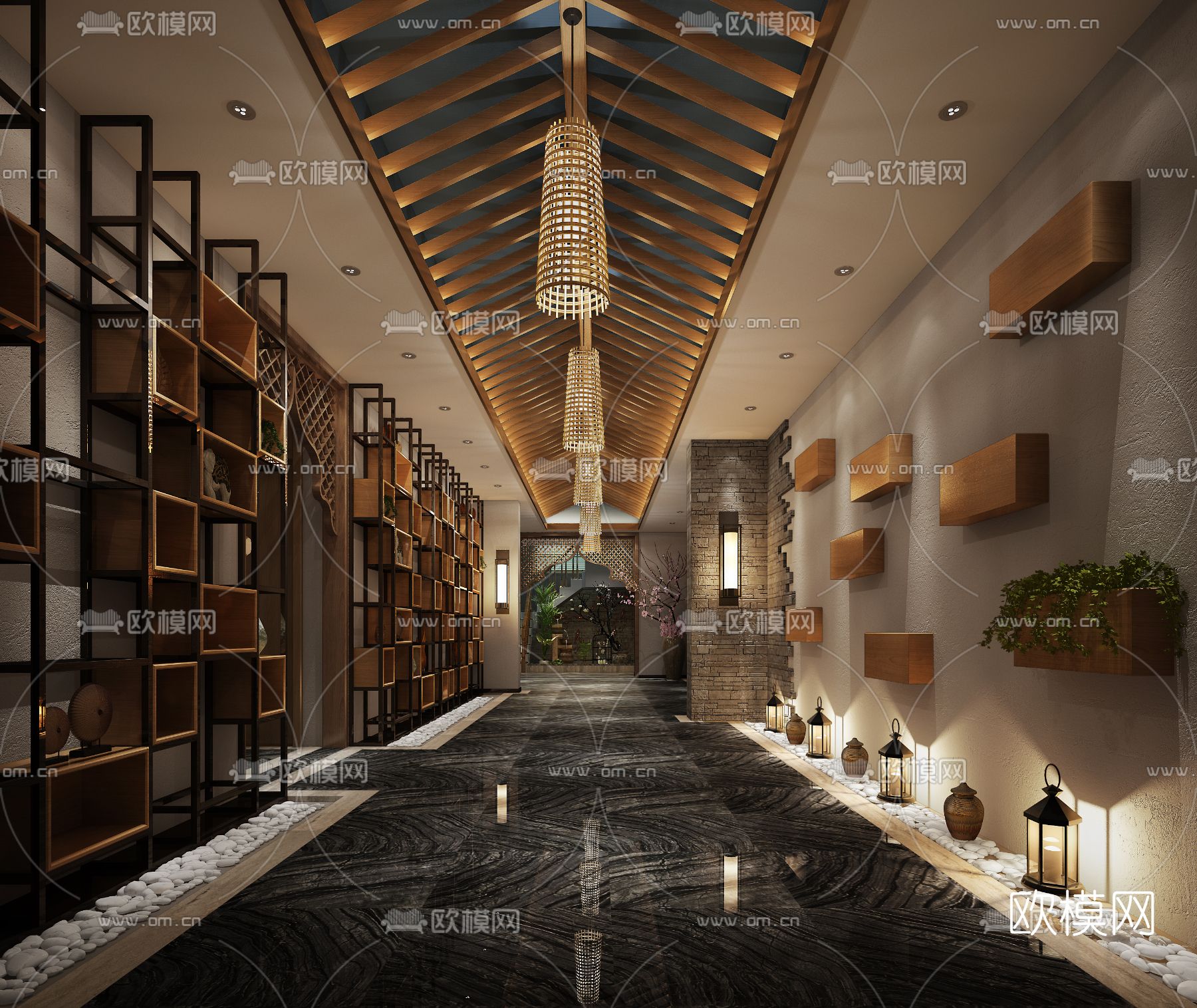 新中式spa会所走廊免费3d模型下载