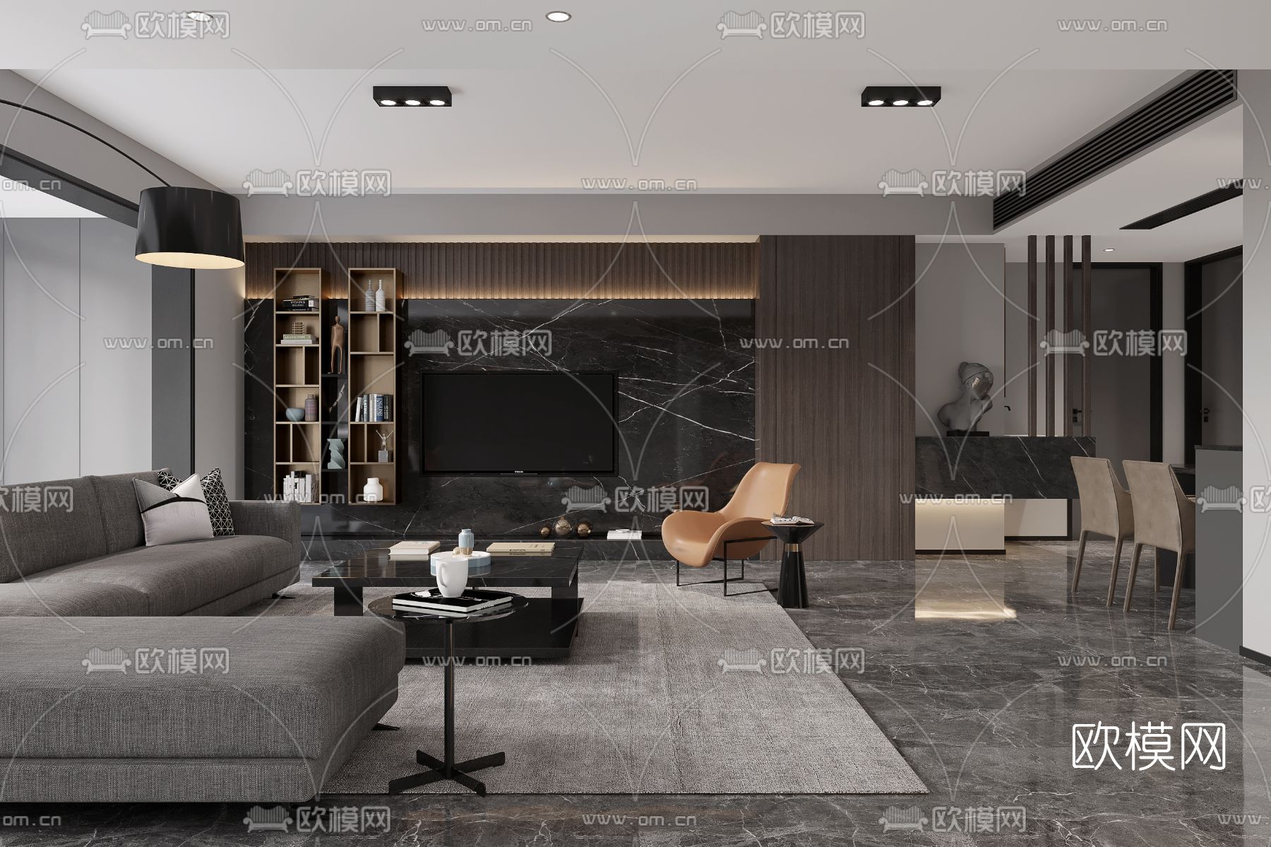 现代高级灰客厅餐厅免费3d模型下载（渲染图2）