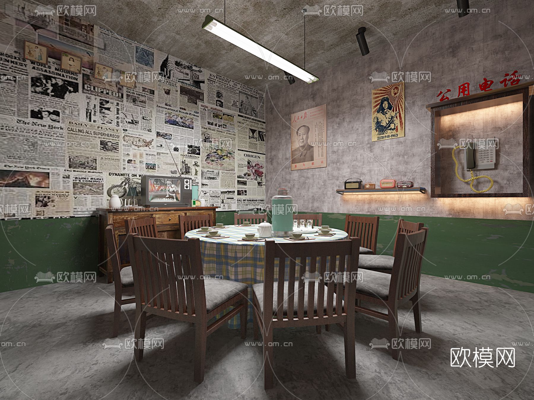 现代复古网红餐厅免费3d模型下载（渲染图1）