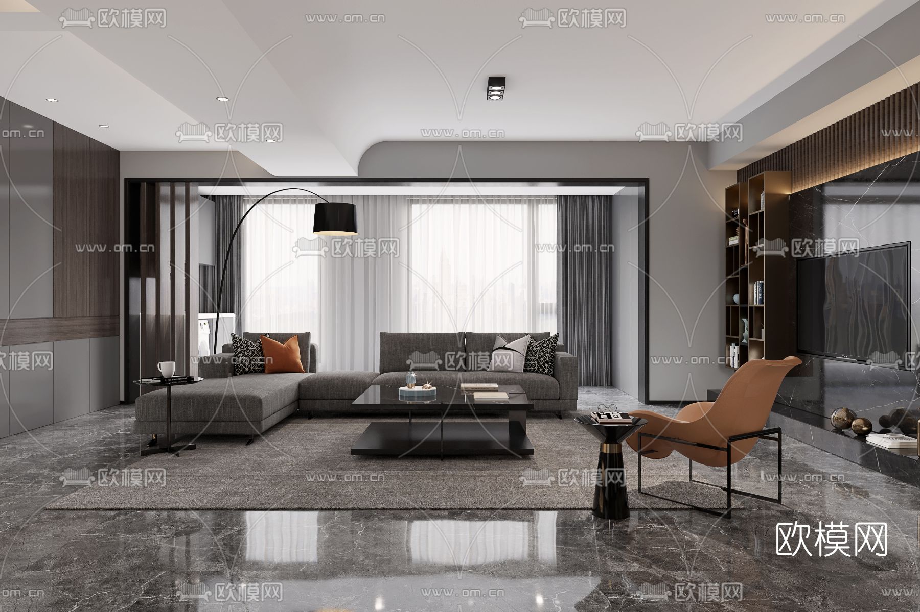 现代高级灰客厅餐厅免费3d模型下载（渲染图1）