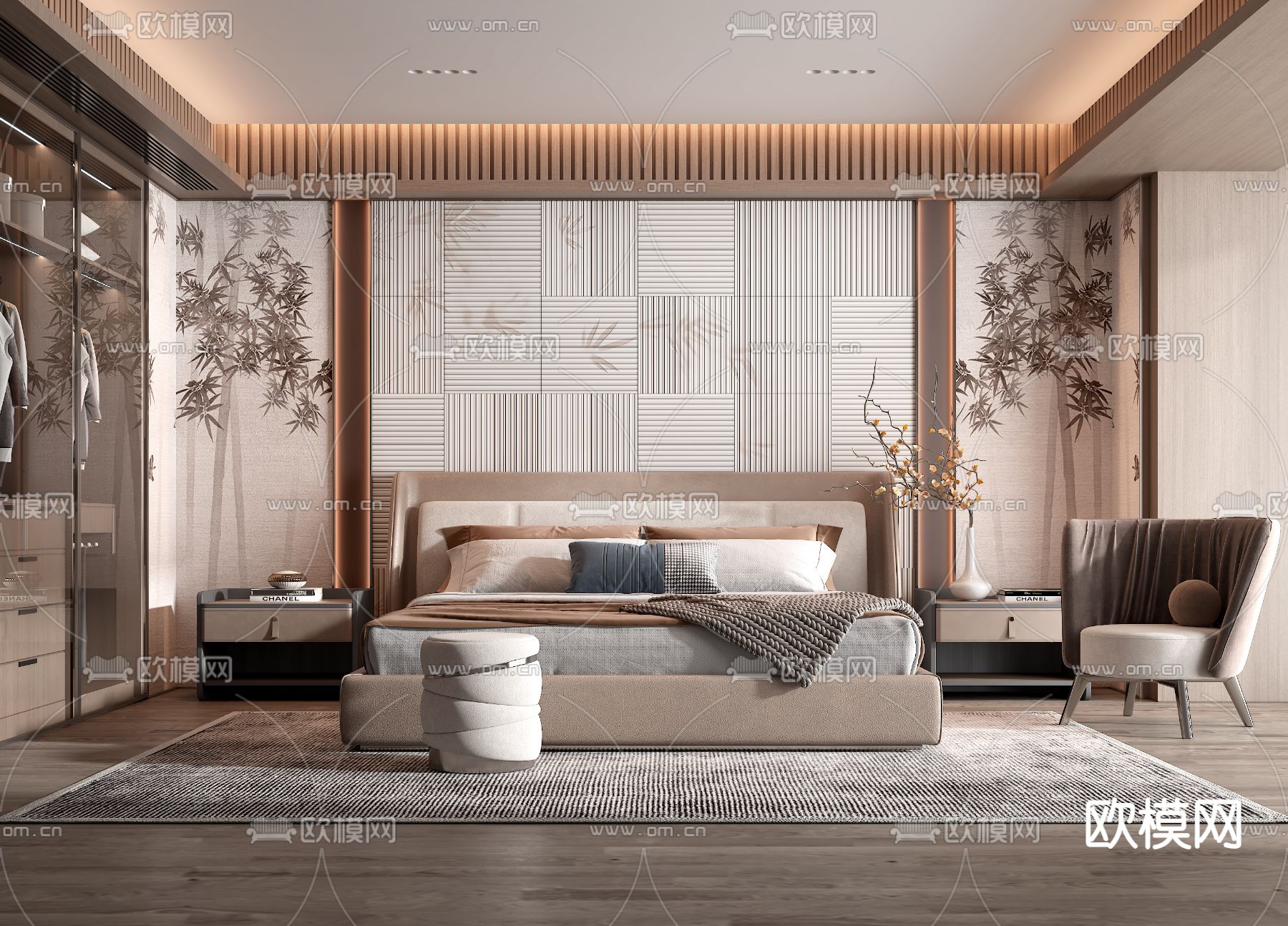 新中式卧室su模型下载（渲染图1）