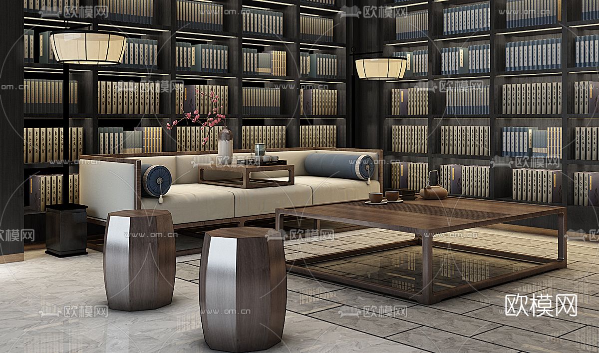 新中式布艺沙发组合免费3d模型下载