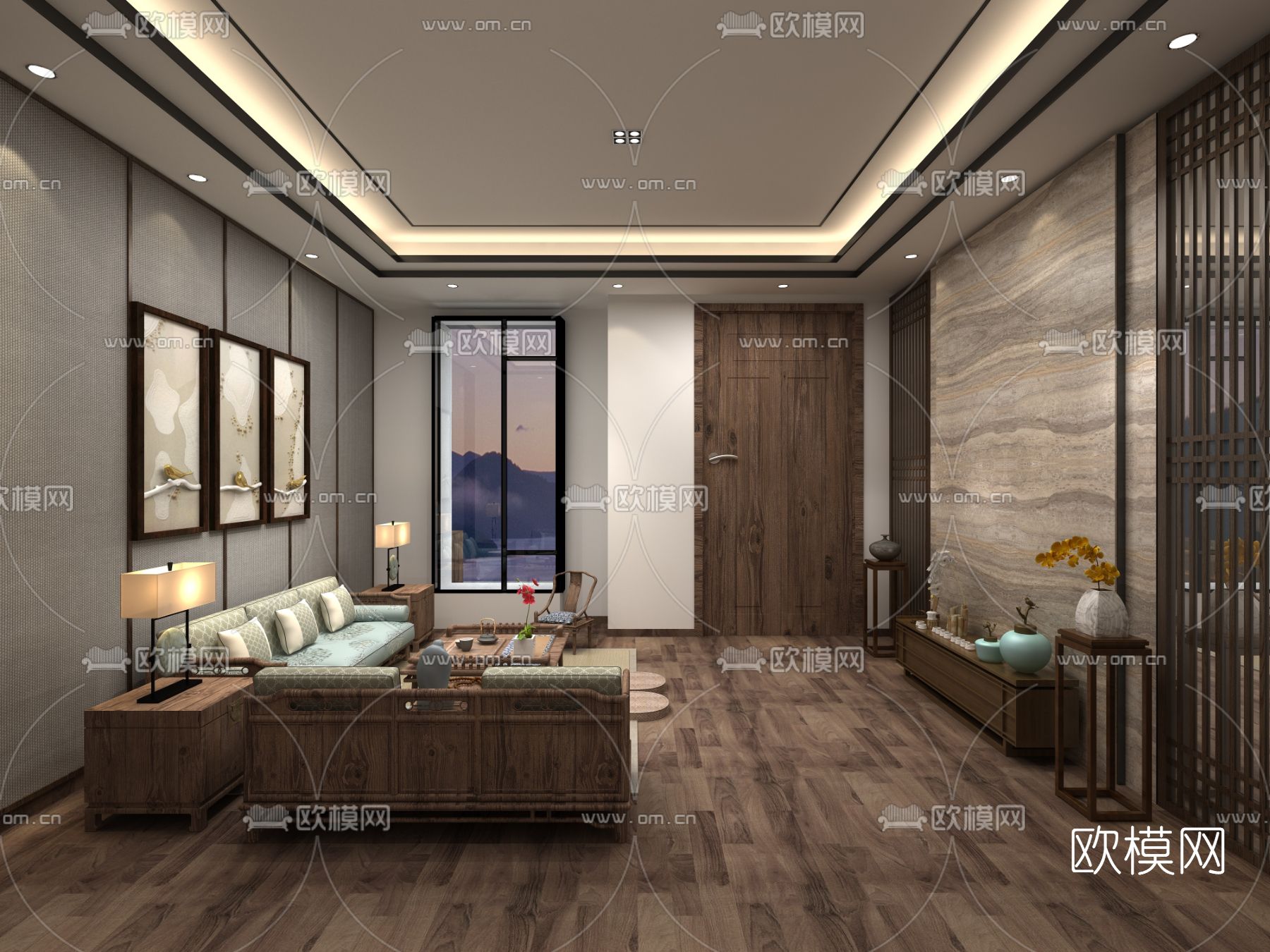 新中式客厅茶室免费3d模型下载（渲染图1）