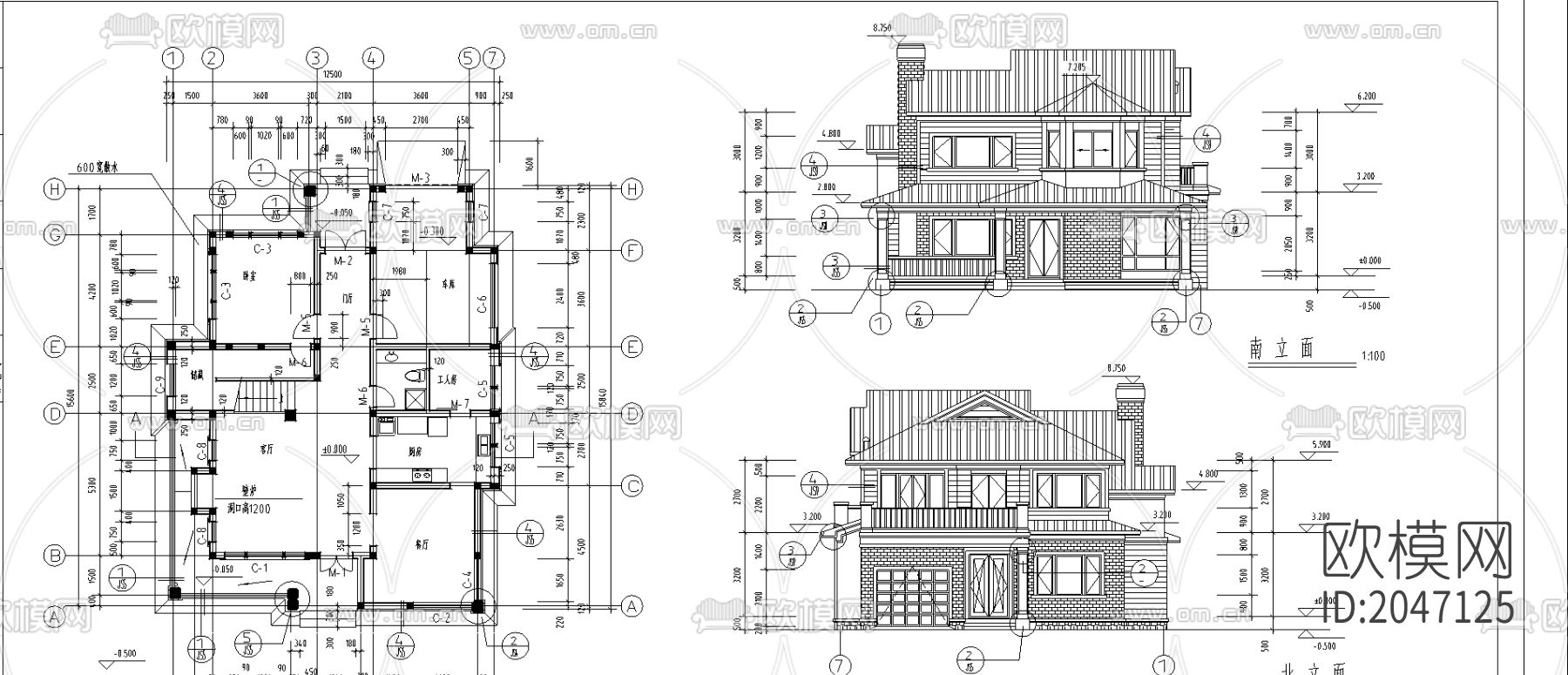 别墅建筑cad施工图下载（渲染图1）