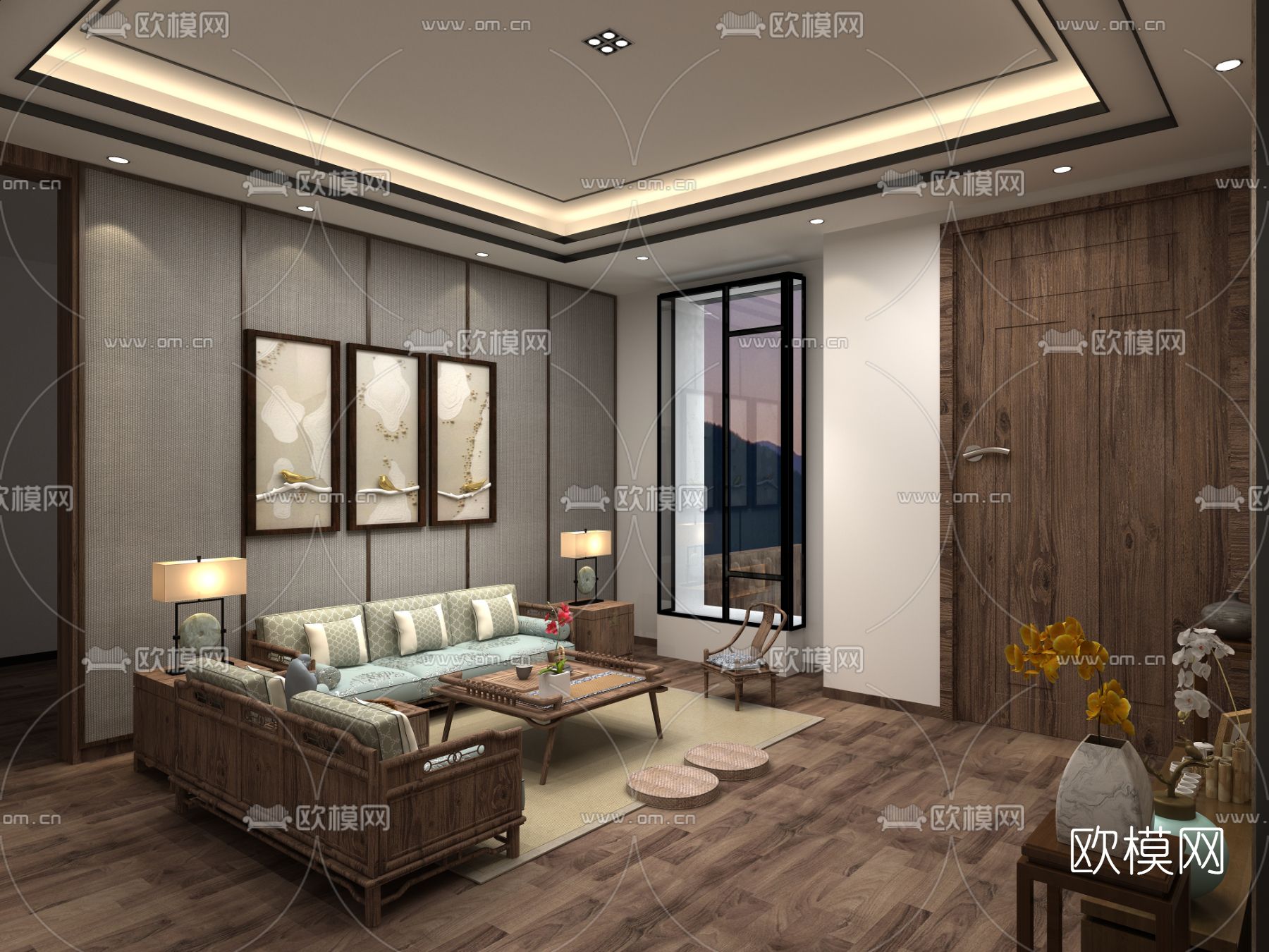 新中式客厅茶室免费3d模型下载（渲染图2）