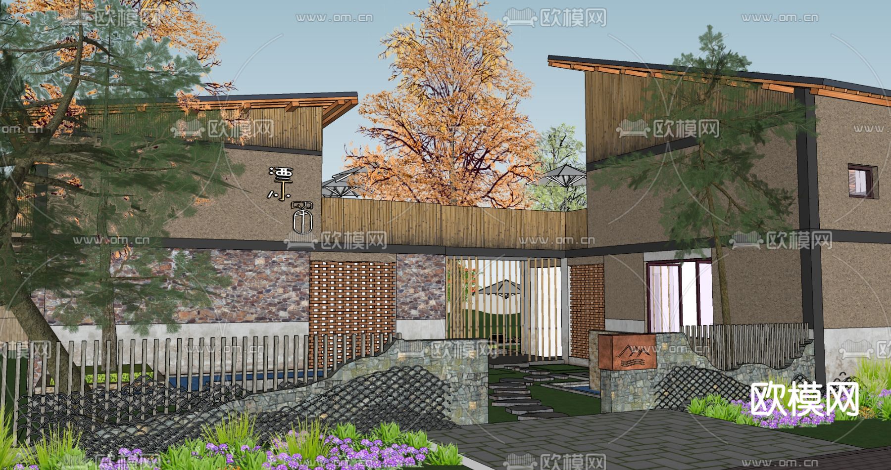 中式乡村庭院su模型下载（渲染图2）