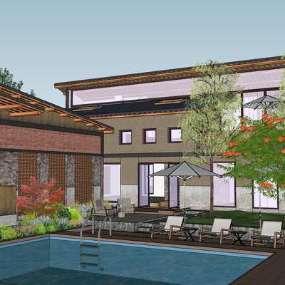  中式乡村庭院su模型 