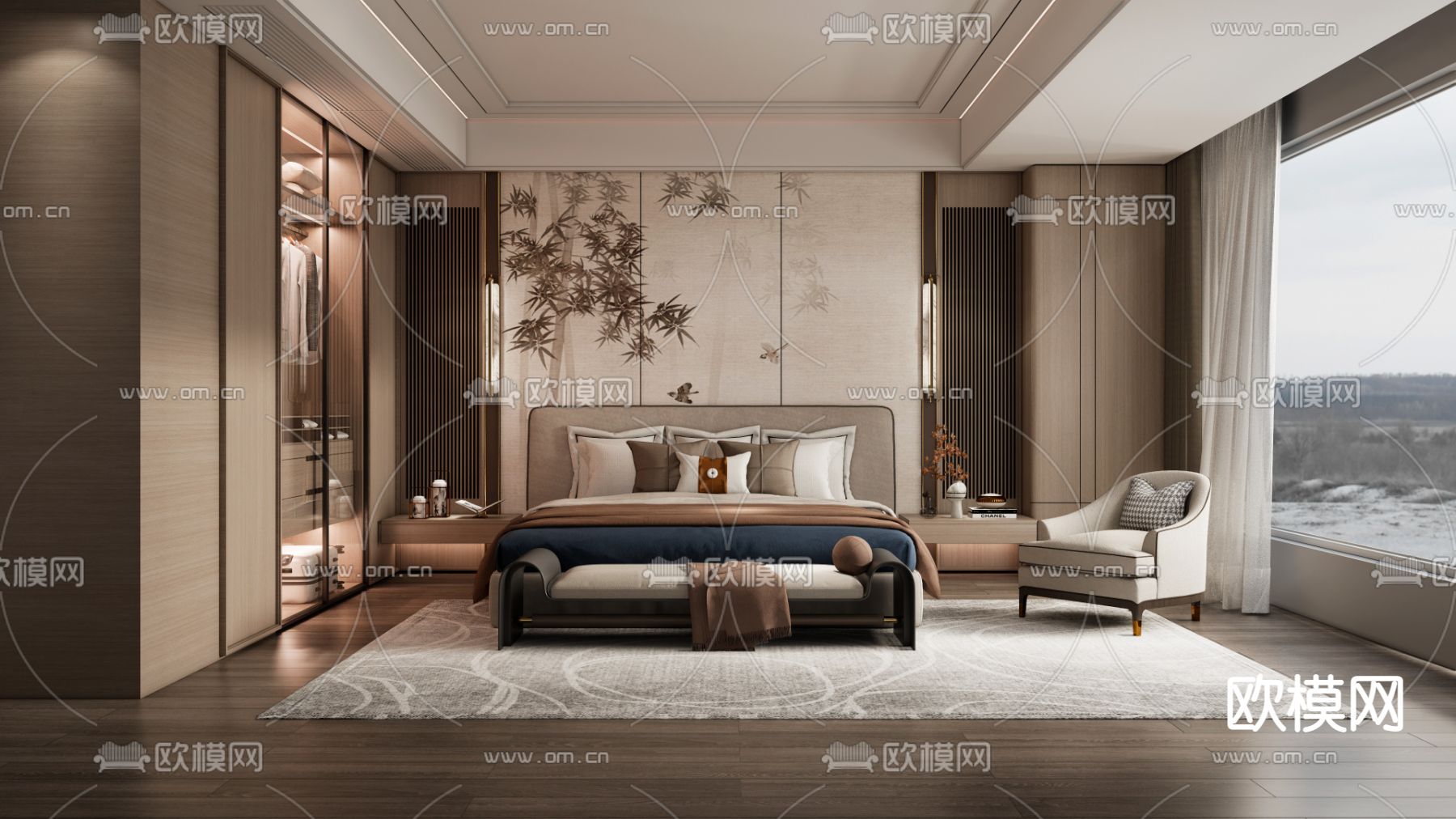 新中式卧室su模型下载（渲染图1）