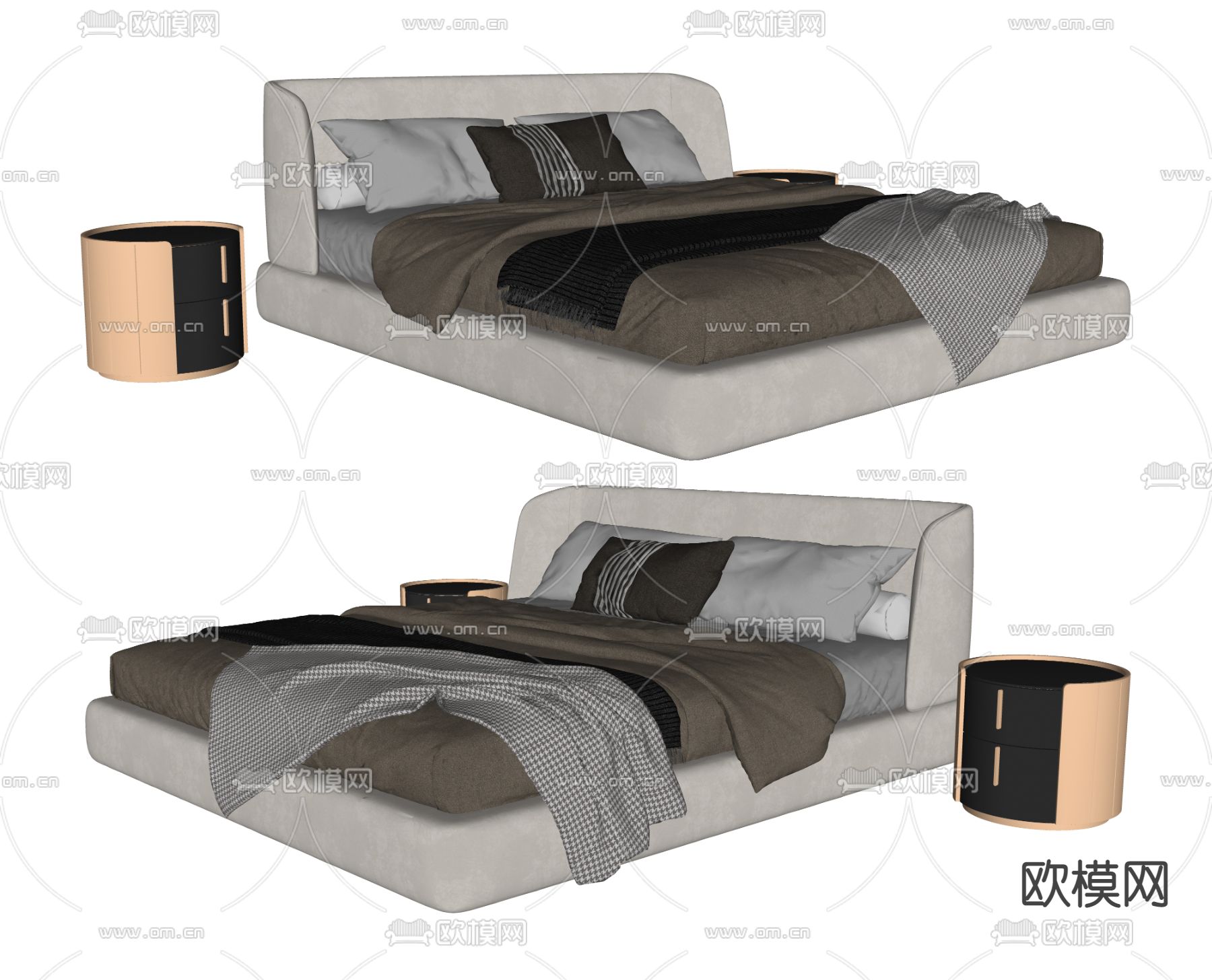 现代布艺双人床su模型下载（渲染图2）