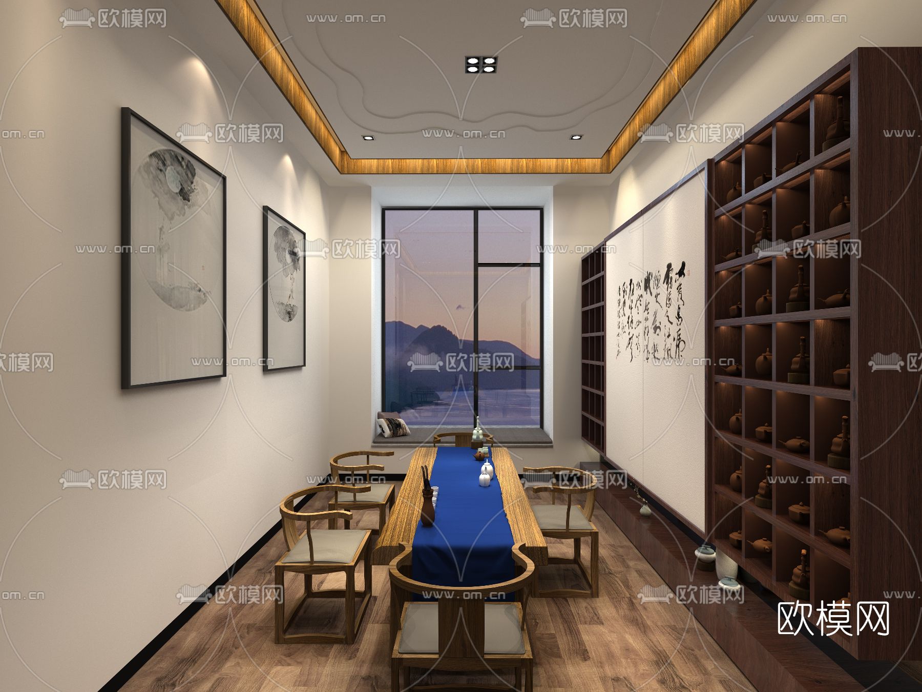 新中式客厅茶室免费3d模型下载（渲染图3）