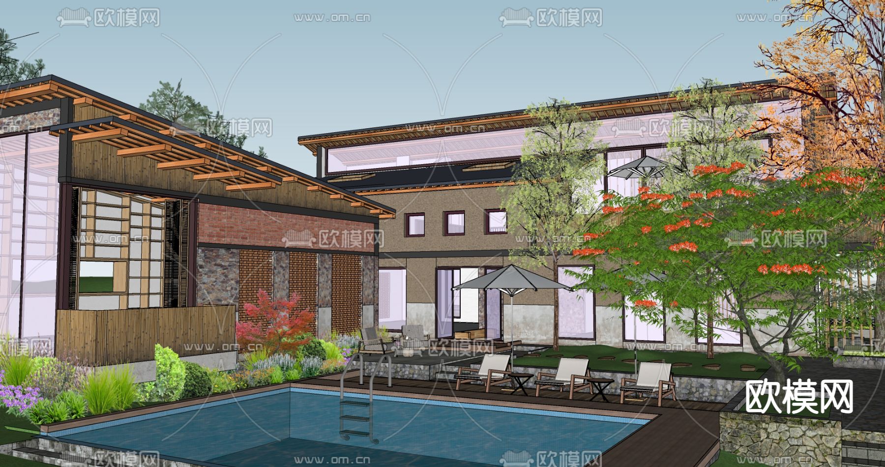 中式乡村庭院su模型下载（渲染图1）