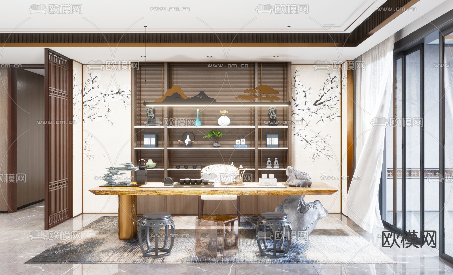 新中式茶室su模型下载（渲染图1）