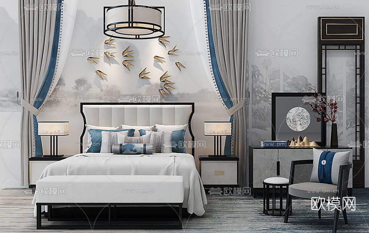 新中式布艺双人床免费3d模型下载