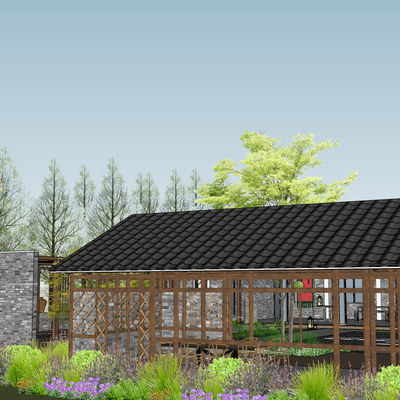  中式乡村庭院su模型 