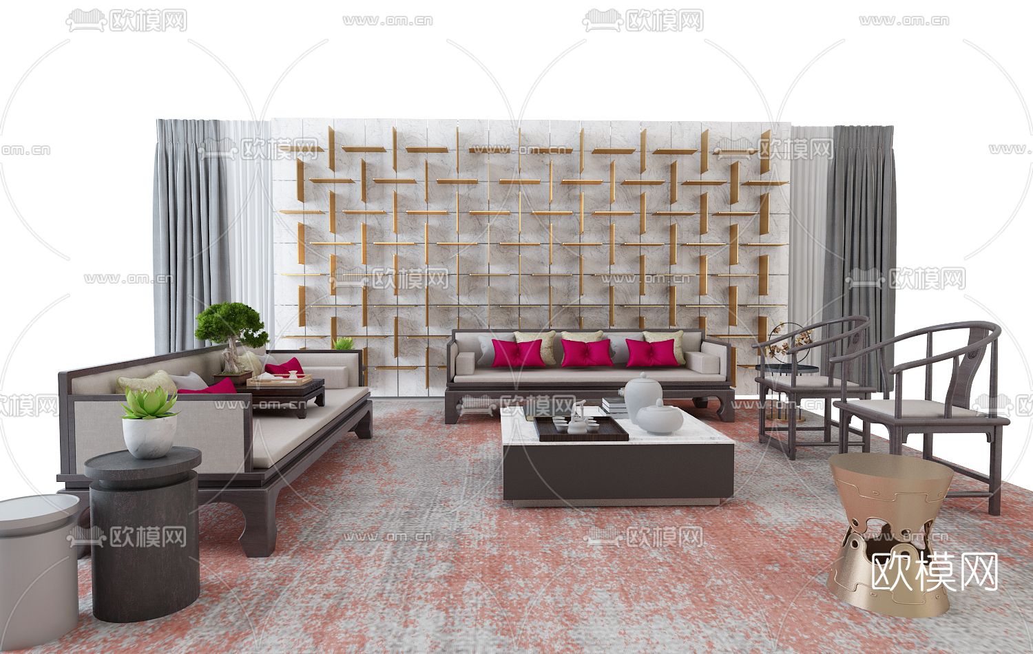 新中式布艺沙发组合免费3d模型下载