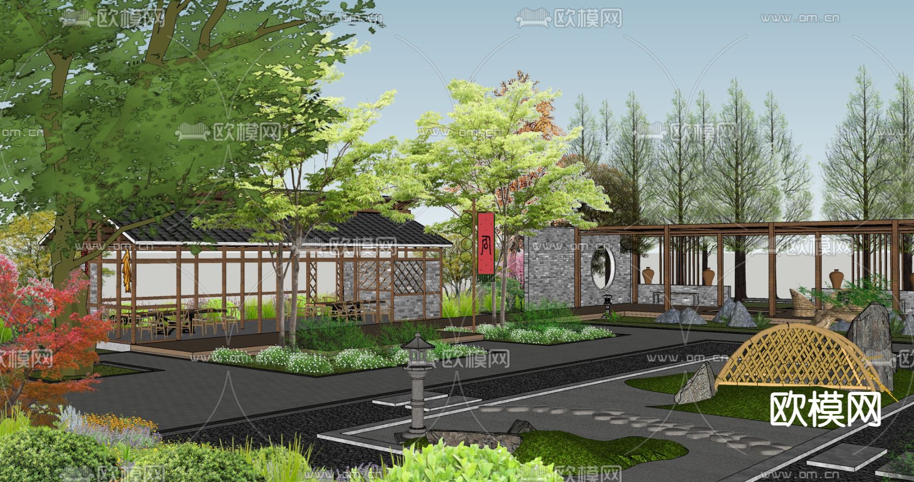 中式乡村庭院su模型下载（渲染图1）