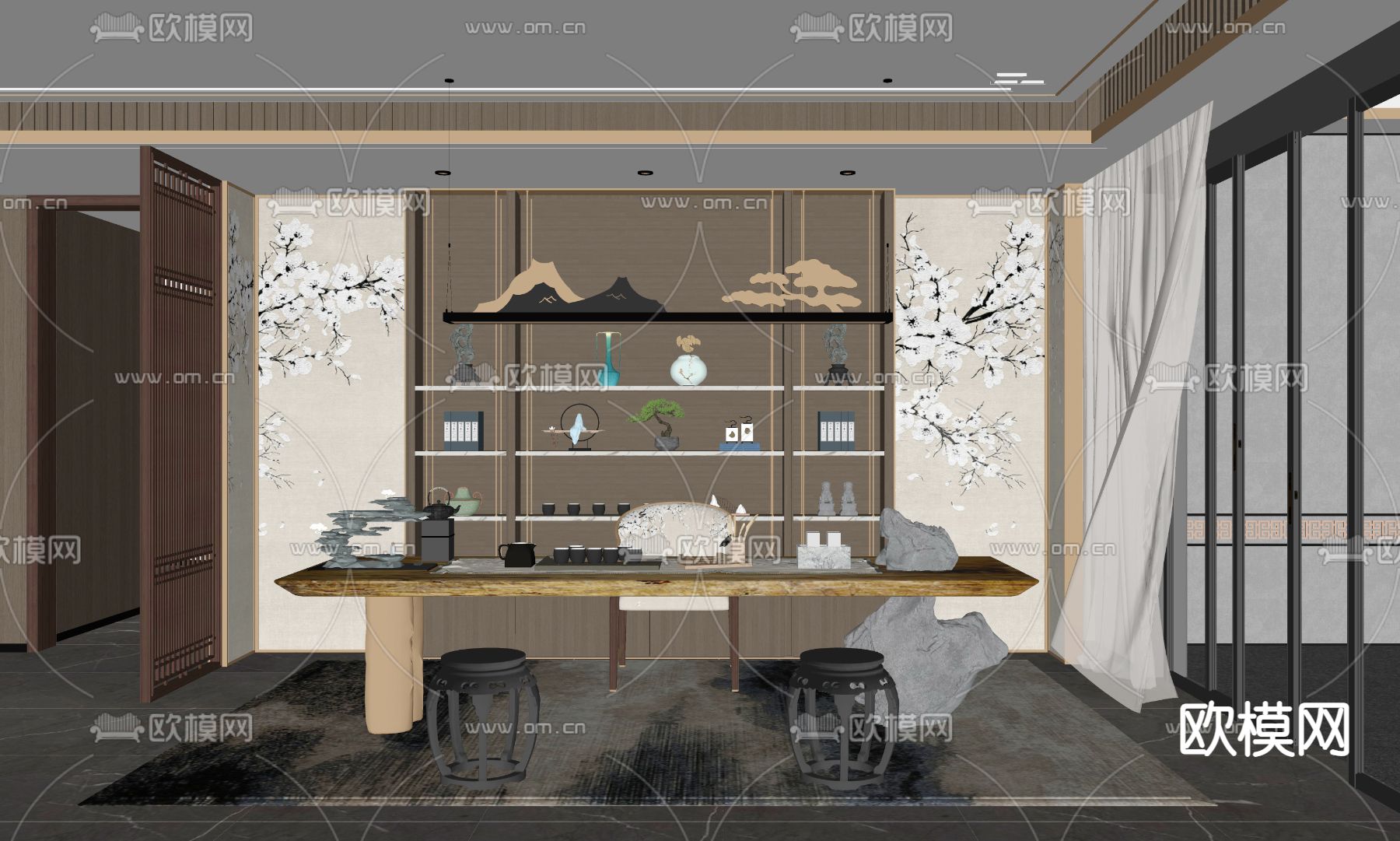 新中式茶室su模型下载（渲染图2）
