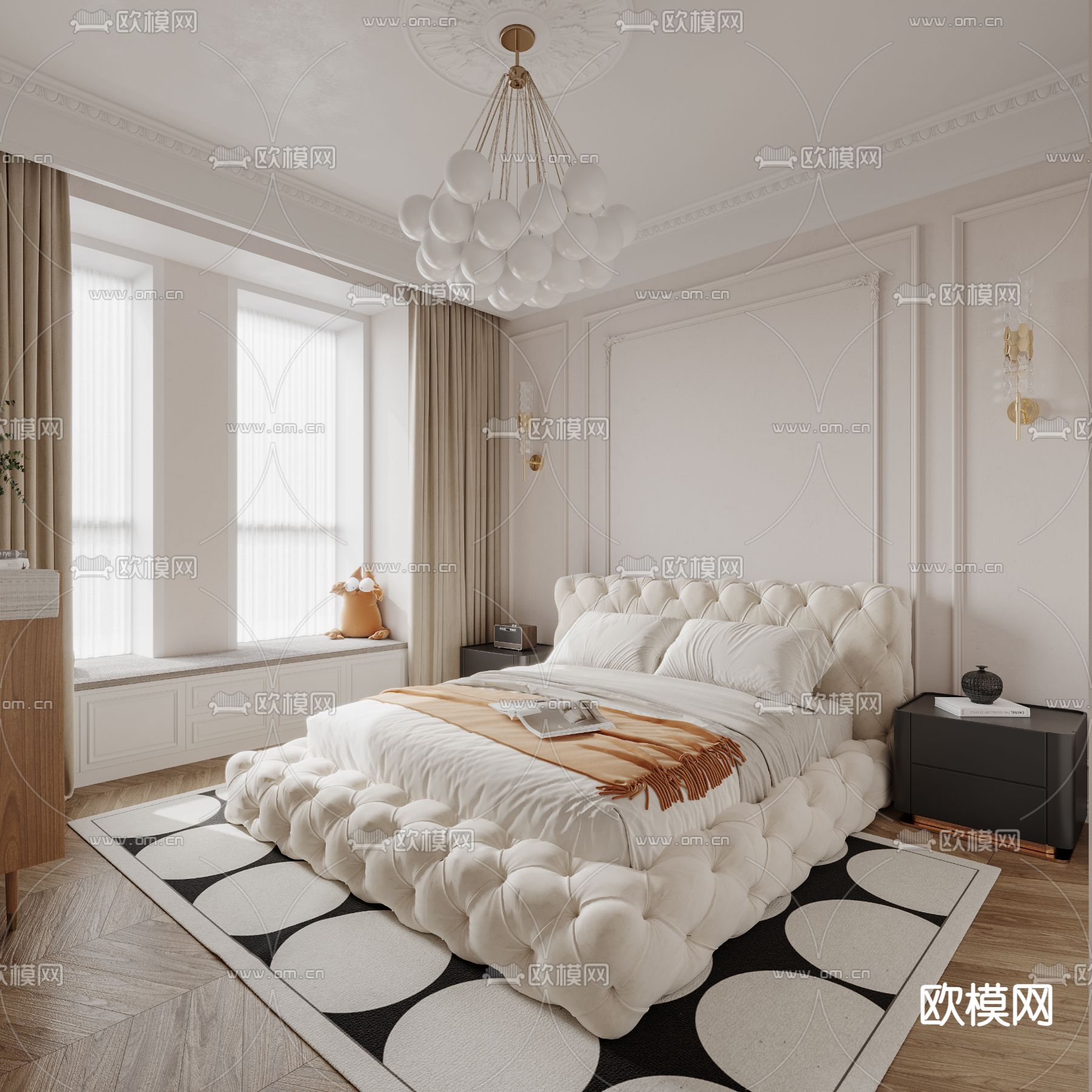 简欧卧室主人房3d模型下载（渲染图1）
