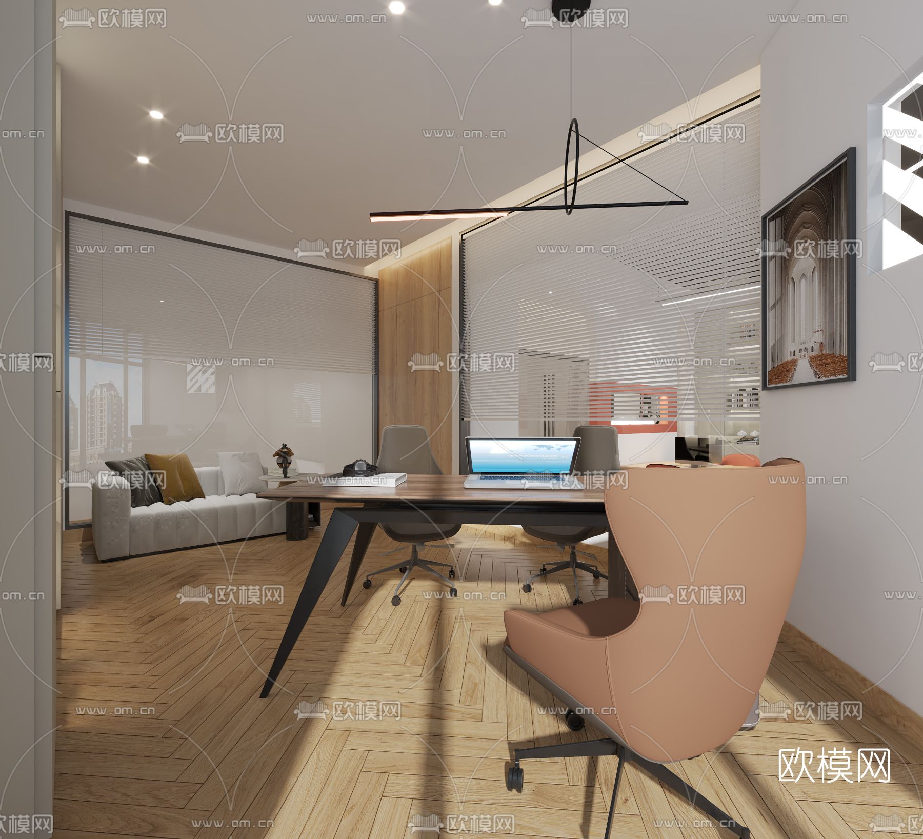 现代敞开办公区免费3d模型下载（渲染图3）