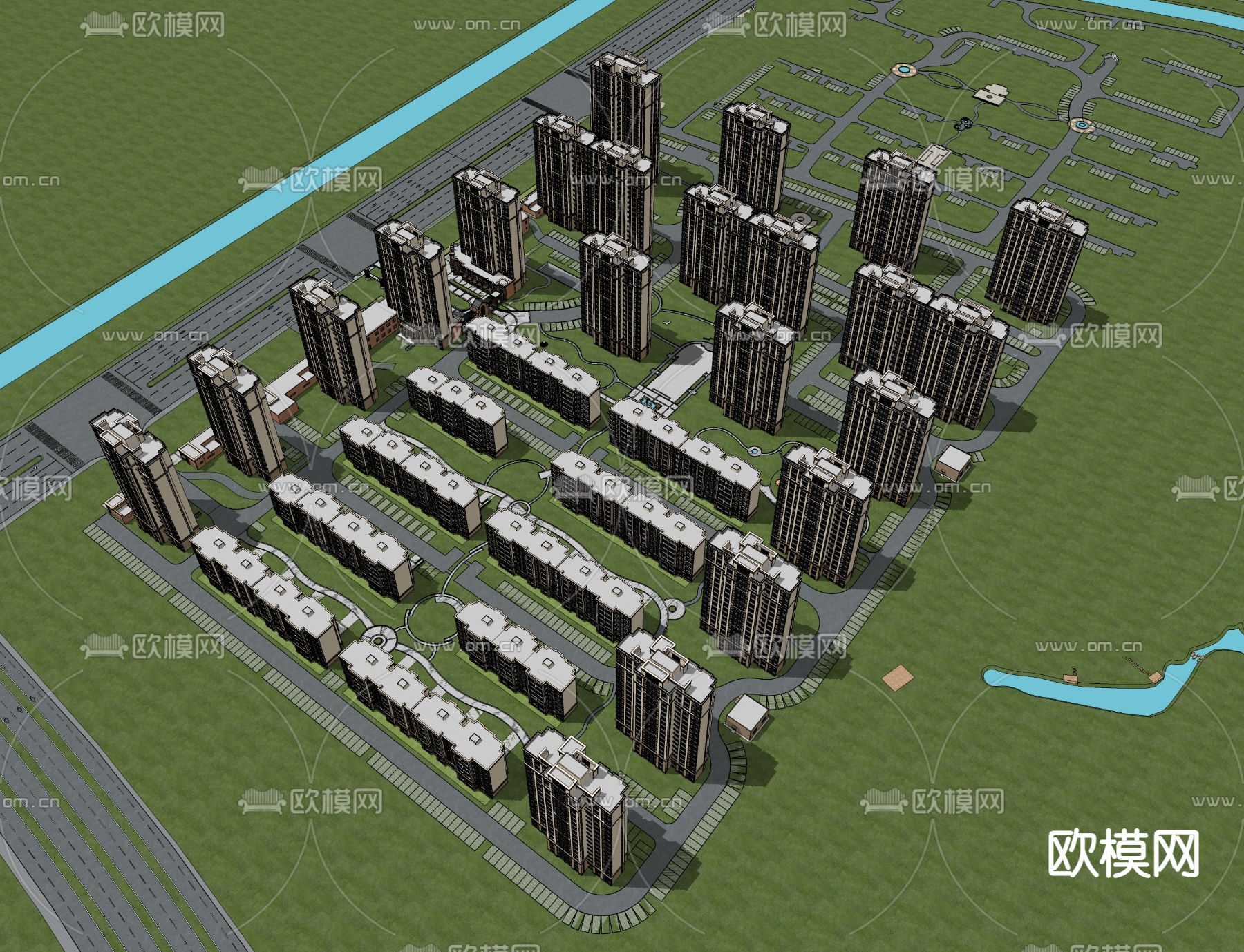 现代住宅楼鸟瞰su模型
