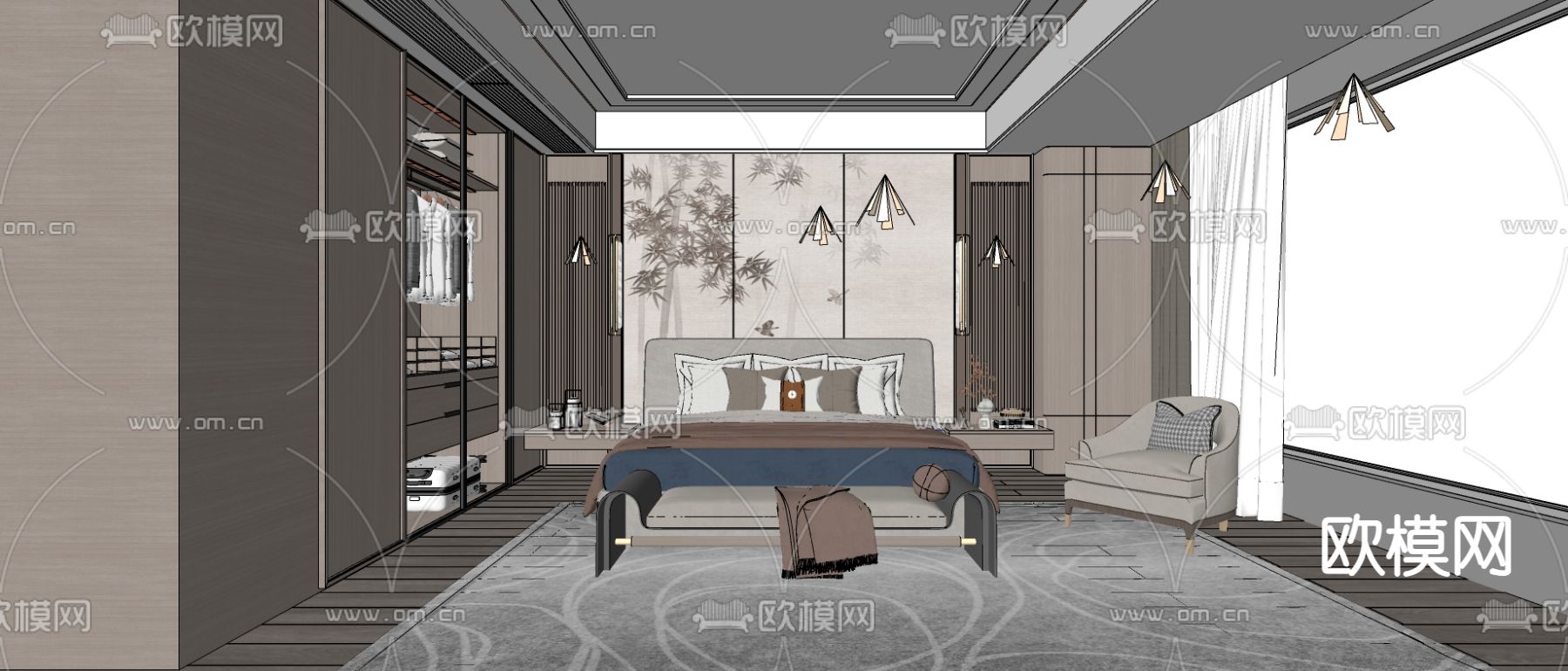 新中式卧室su模型下载（渲染图2）