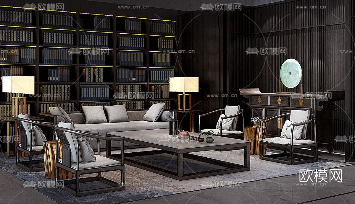 新中式布艺沙发组合免费3d模型下载