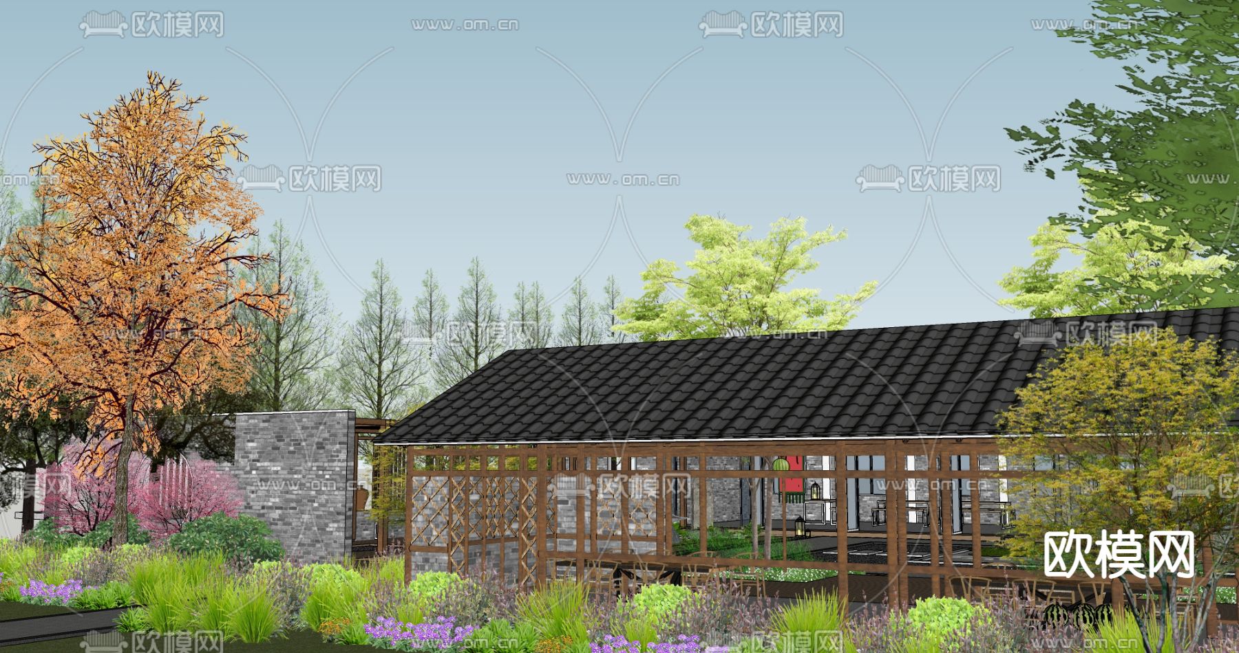 中式乡村庭院su模型下载（渲染图2）