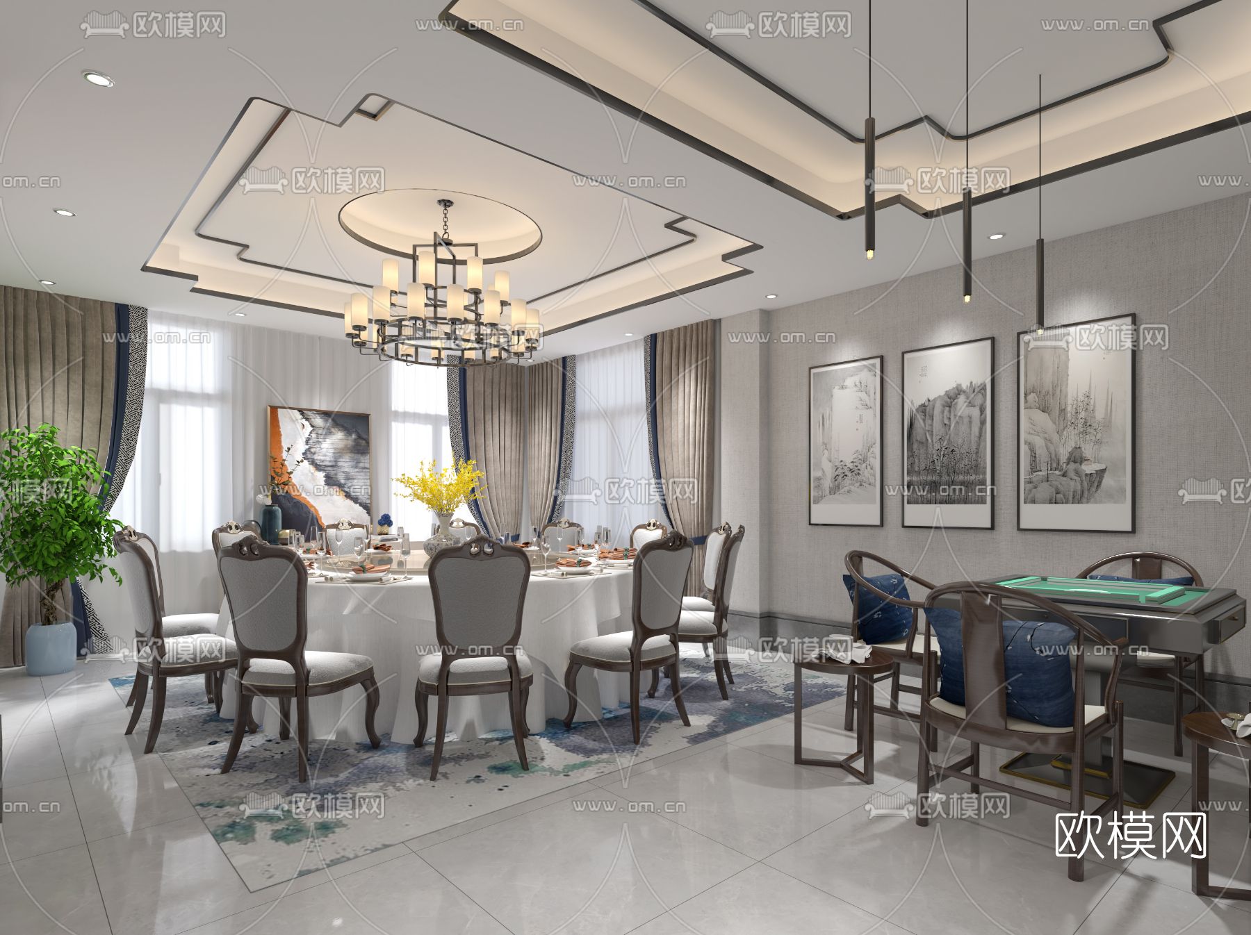 新中式餐厅包房免费3d模型下载_ID11889959_3dmax免费模型-欧模网