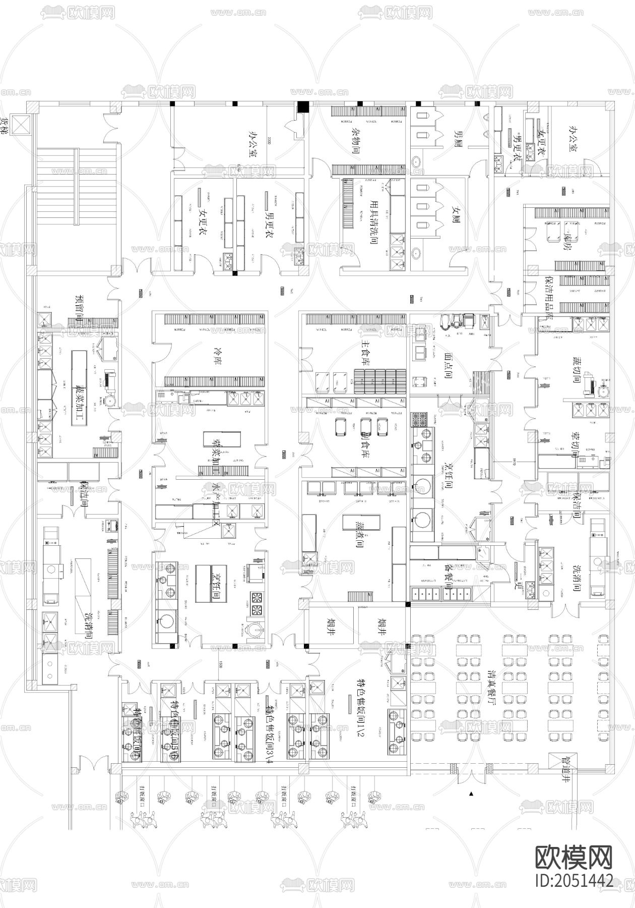 餐厅及厨房设备CAD平面图下载（渲染图2）
