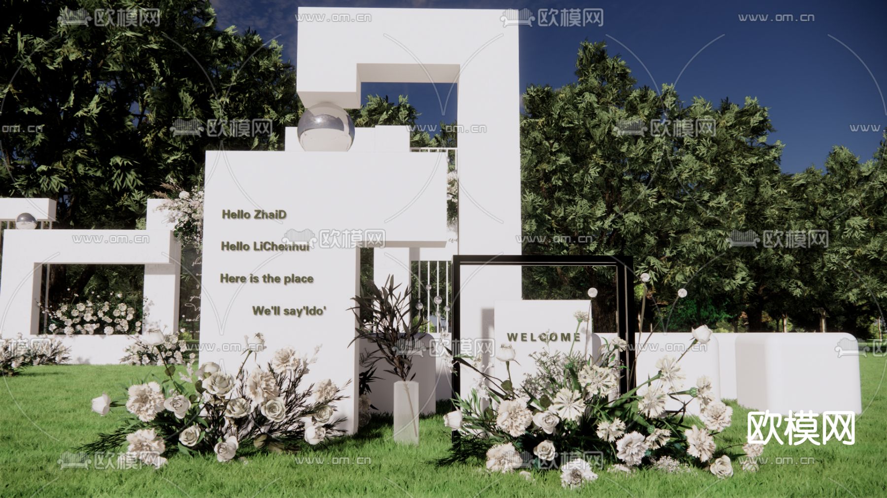 现代白绿色草坪婚礼su模型下载（渲染图3）