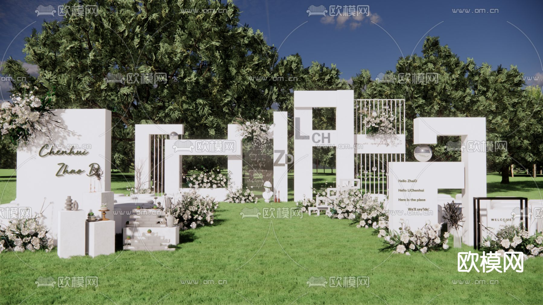 现代白绿色草坪婚礼su模型下载（渲染图1）